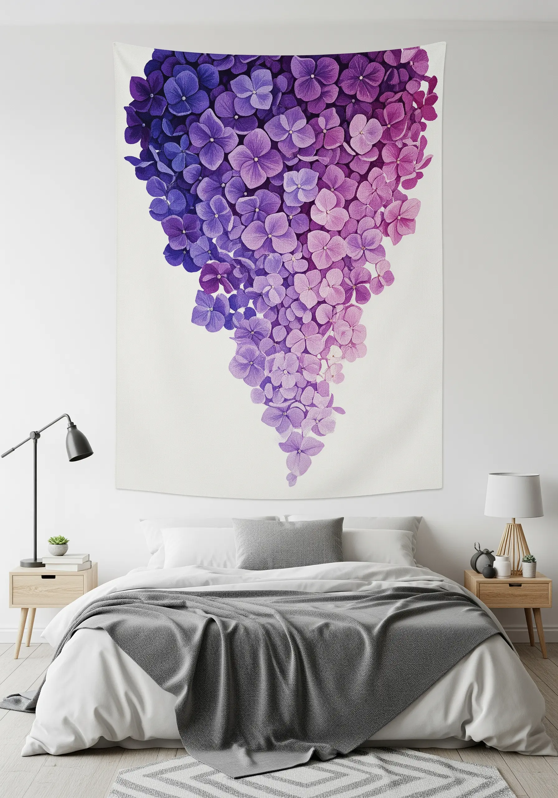 Large wall tapestry featuring a cascading purple and pink hydrangea gradient.