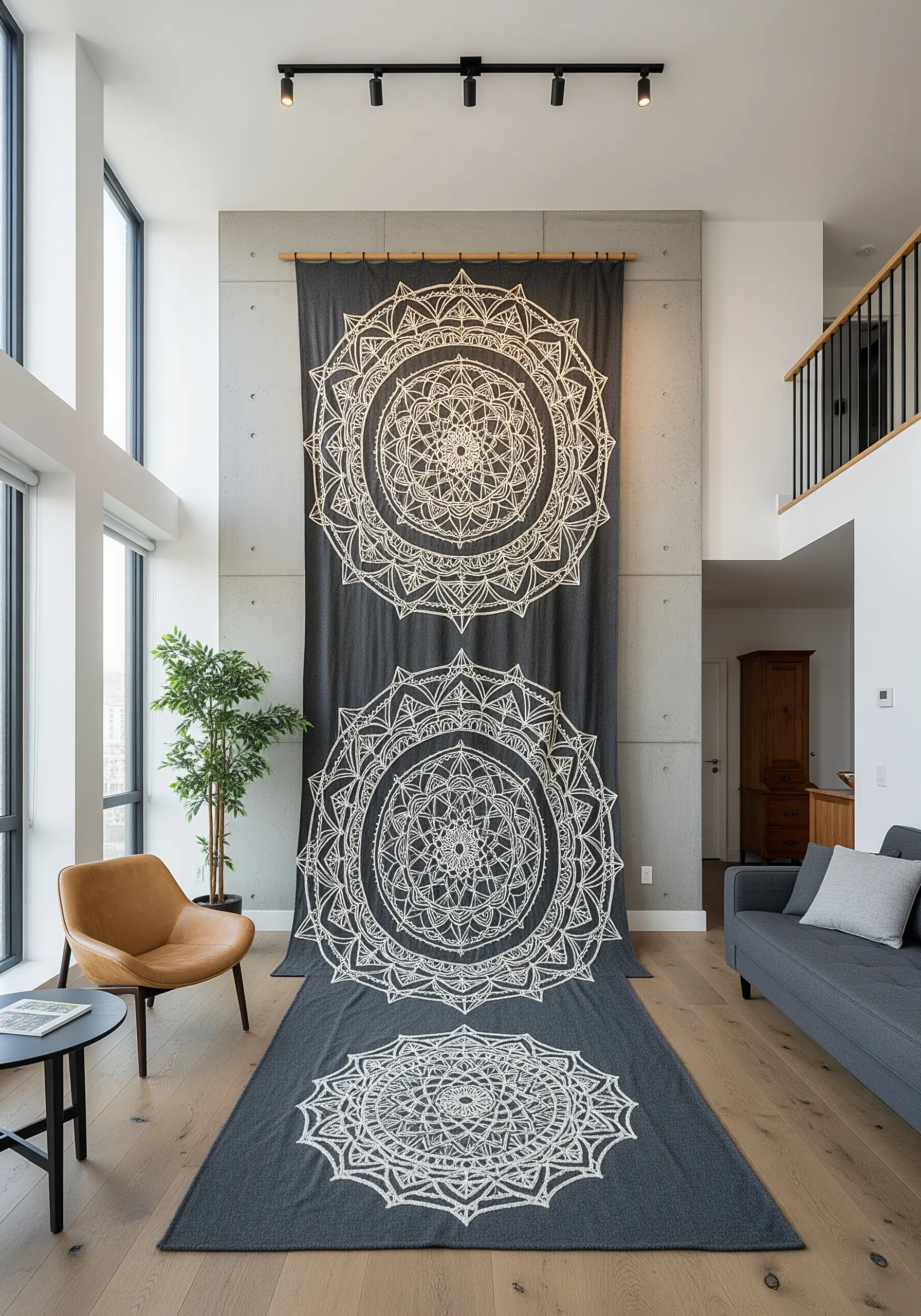 A very long charcoal gray tapestry with three large white mandalas, hung in a modern loft.