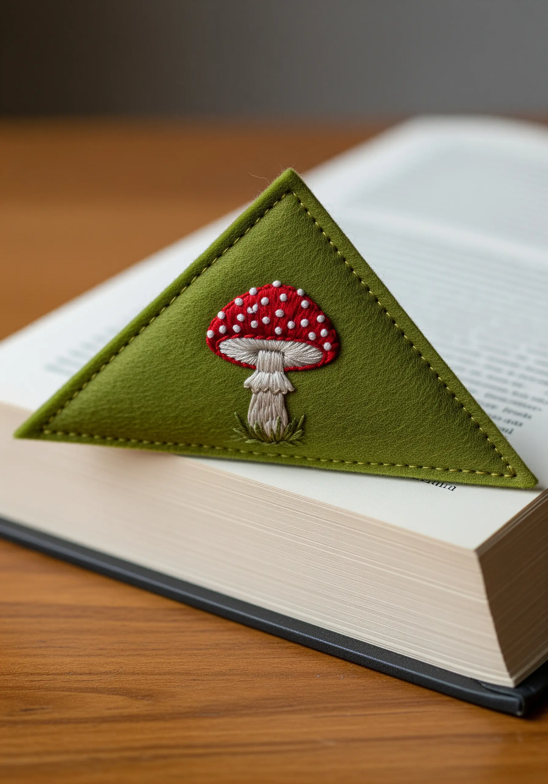 A green felt corner bookmark with an embroidered red and white toadstool mushroom