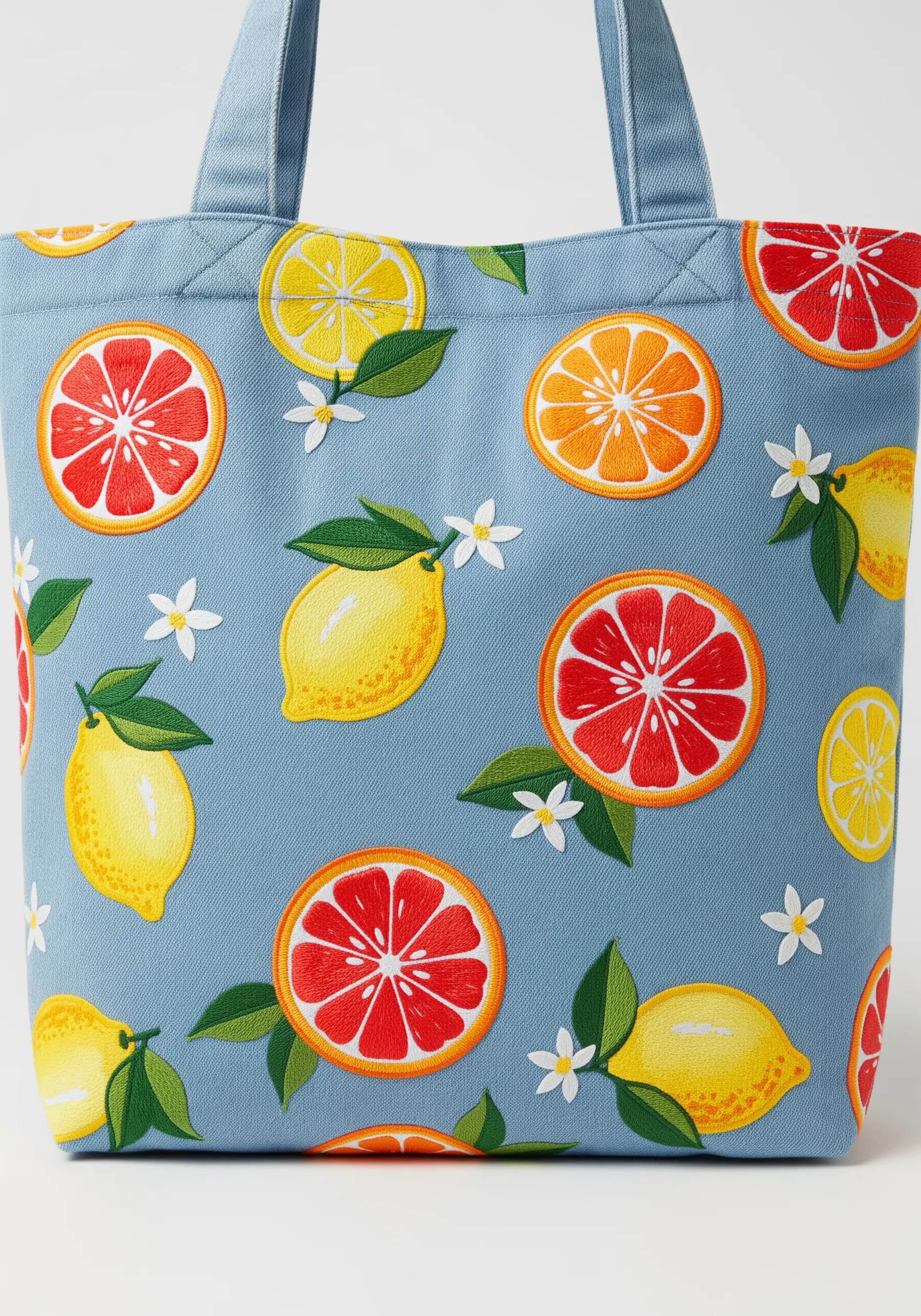 An all-over embroidery pattern of citrus fruits and blossoms on a light blue tote