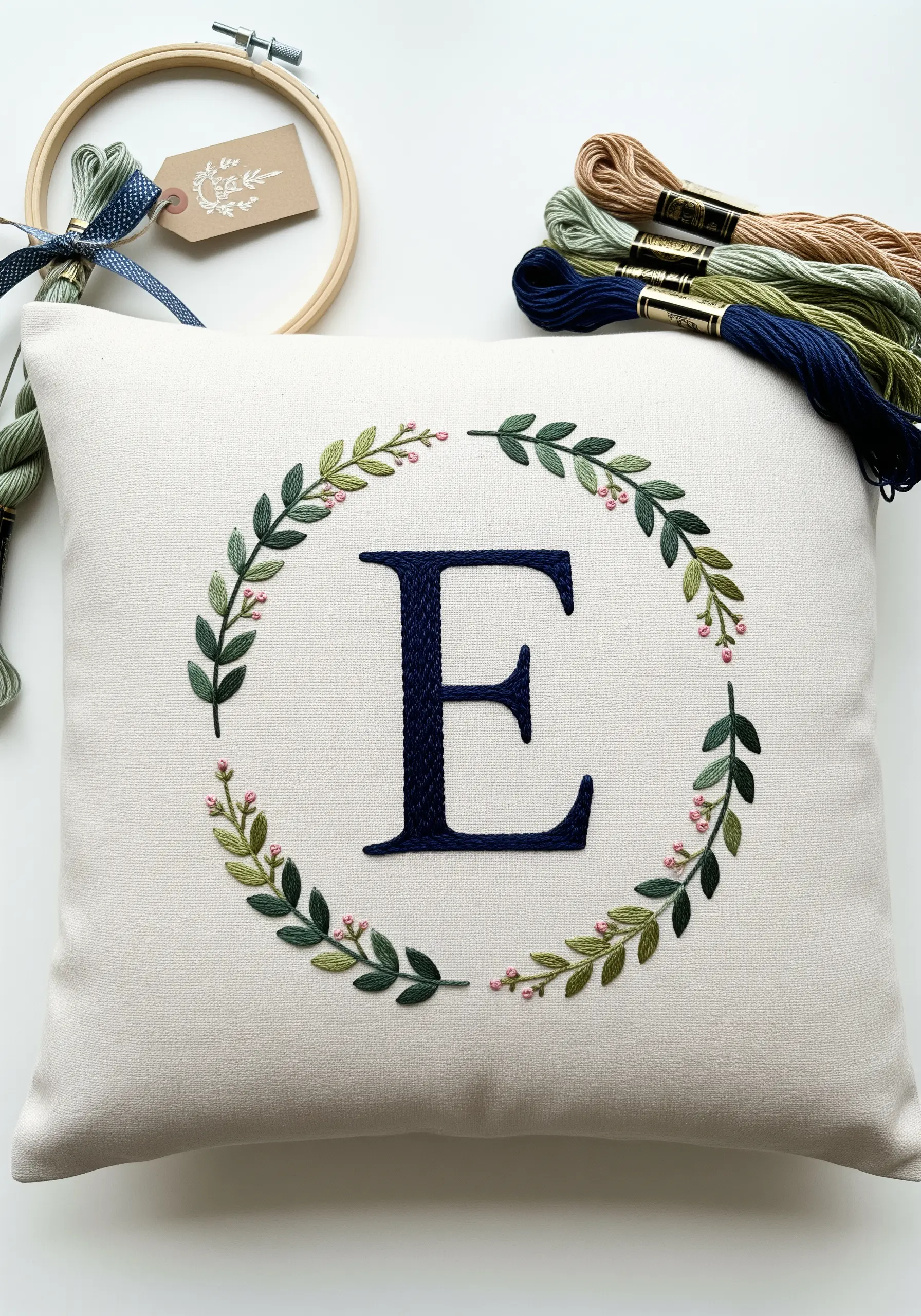 A classic 'E' monogram in navy blue satin stitch, encircled by a delicate green leaf wreath.