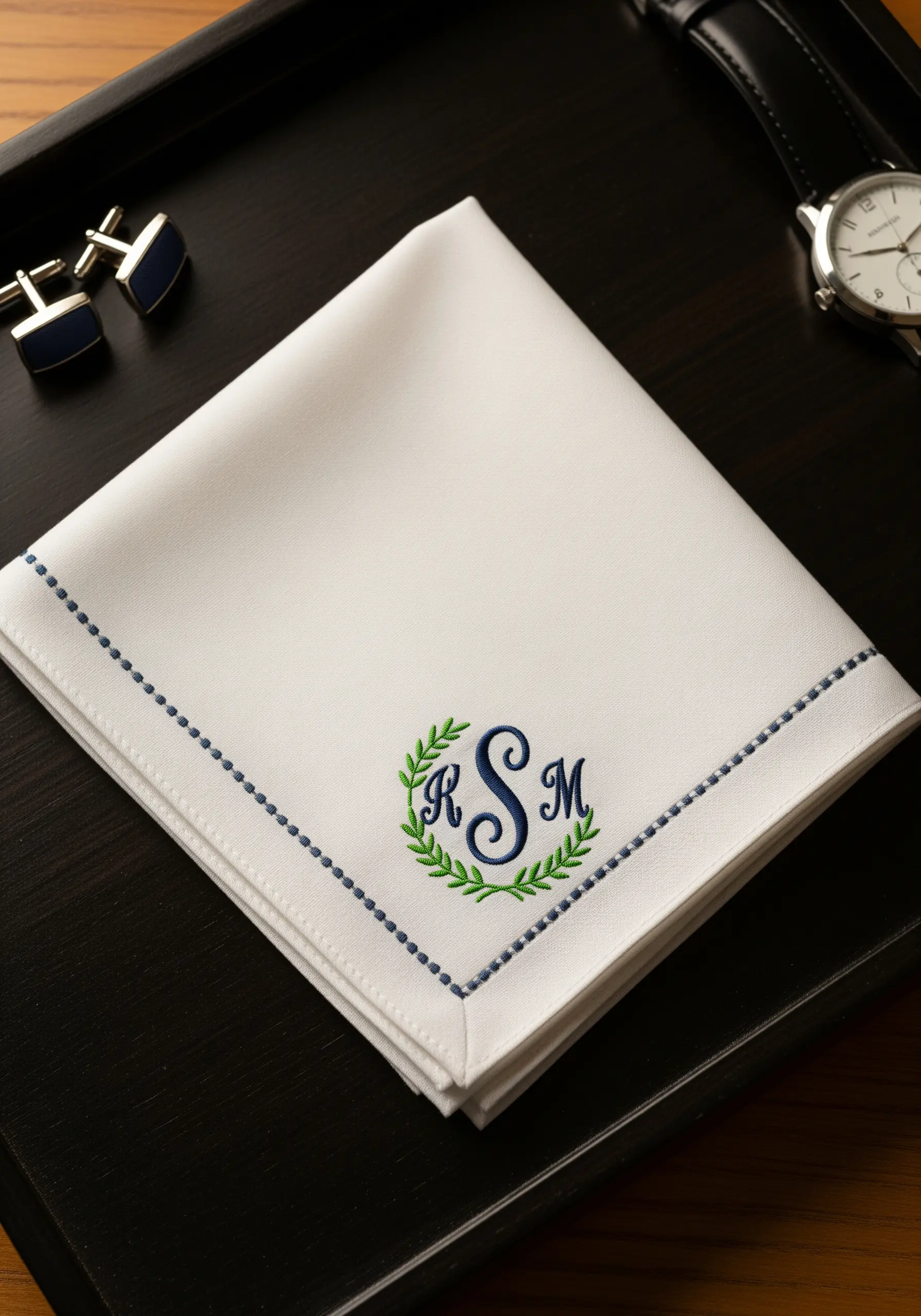 A white handkerchief with a classic three-letter monogram in blue, framed by a green laurel wreath.