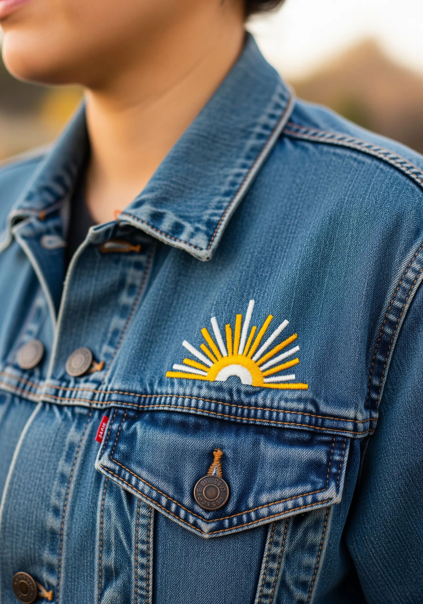 A minimalist sunrise with yellow and white rays embroidered over the pocket of a denim jacket.