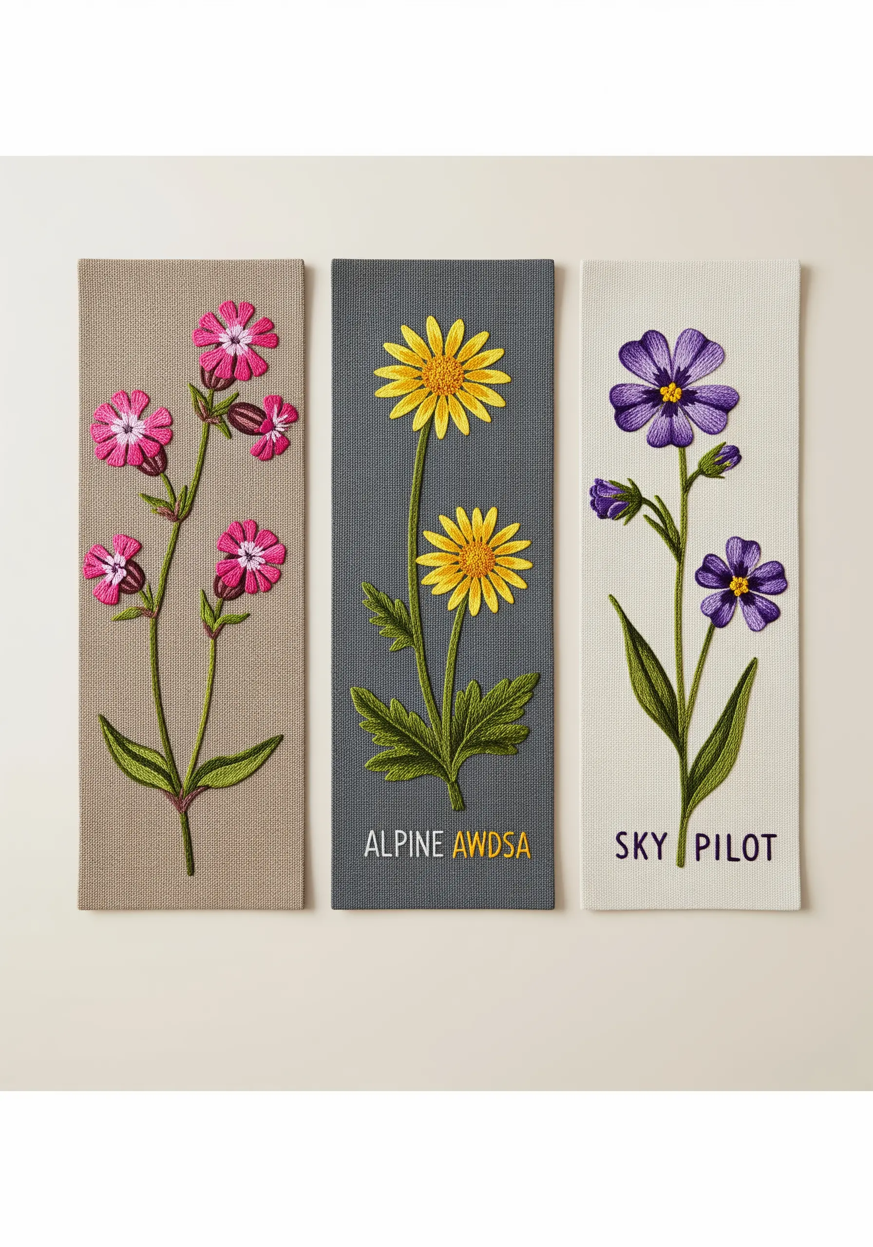 A triptych of embroidered wildflowers on narrow vertical panels of fabric