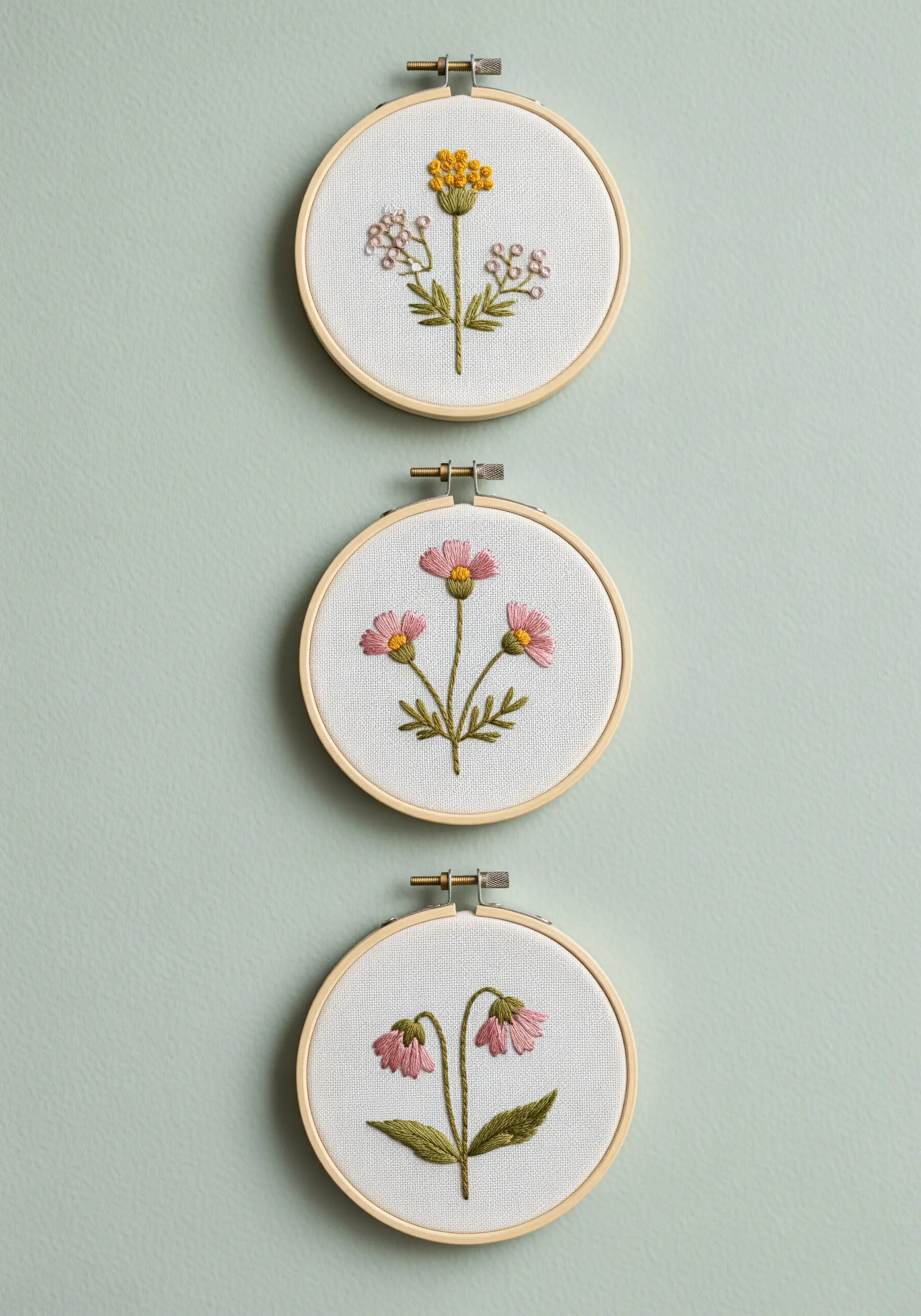 A vertical trio of small embroidery hoops, each featuring a delicate wildflower.