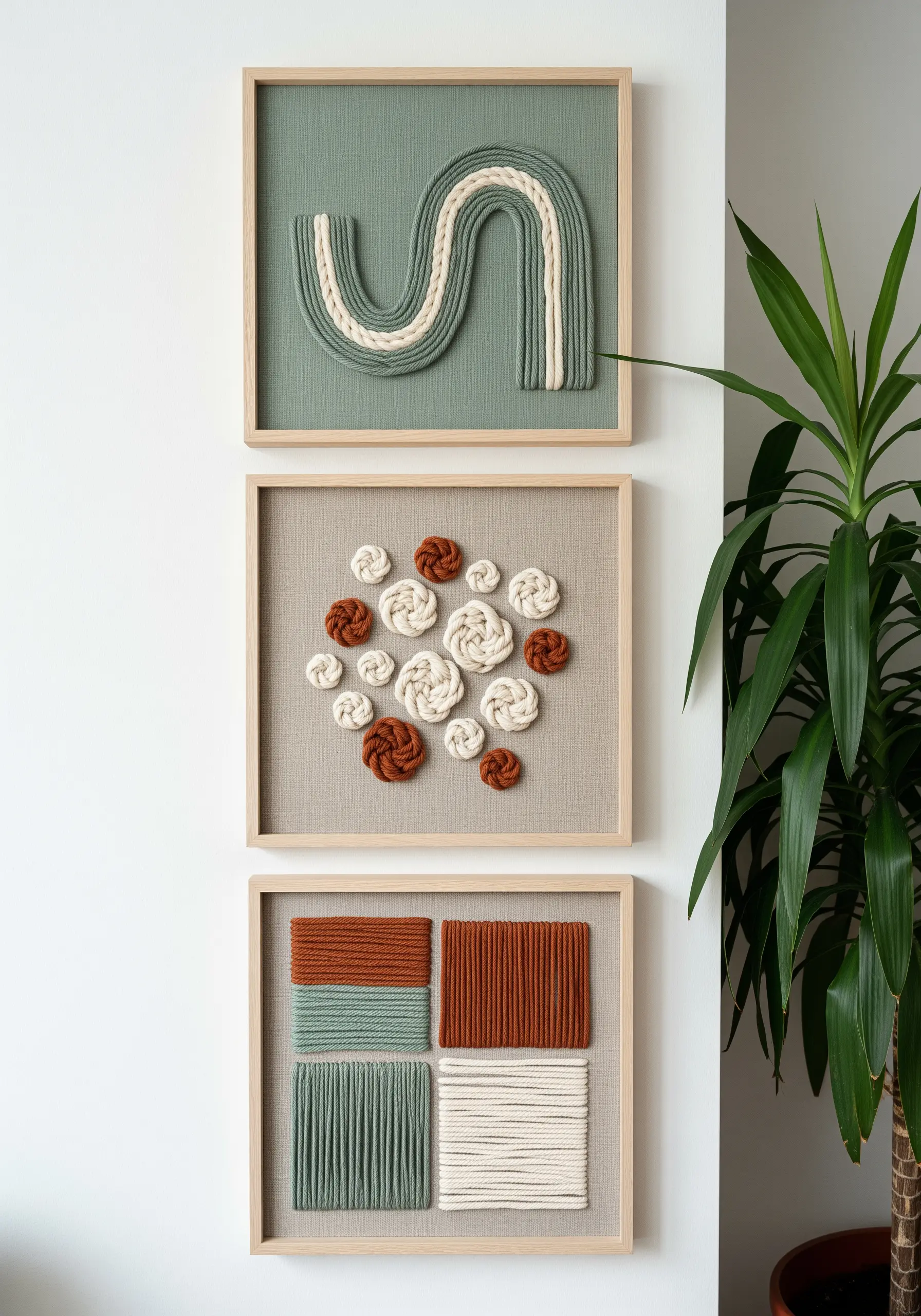 A set of three framed yarn art pieces with minimalist shapes in neutral and earth tones