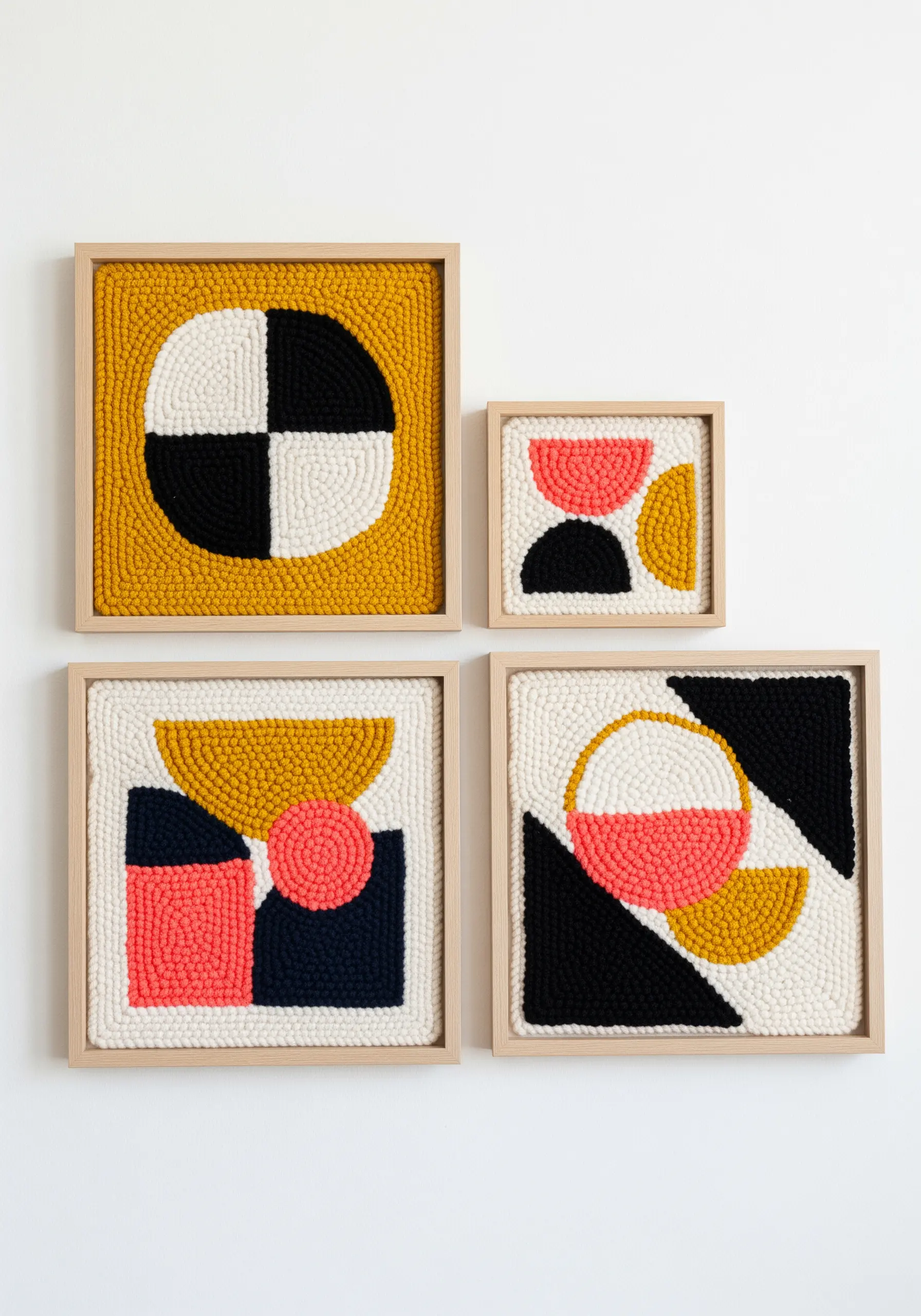 A gallery wall of four framed punch needle art pieces with abstract geometric shapes in yellow, coral, and black.