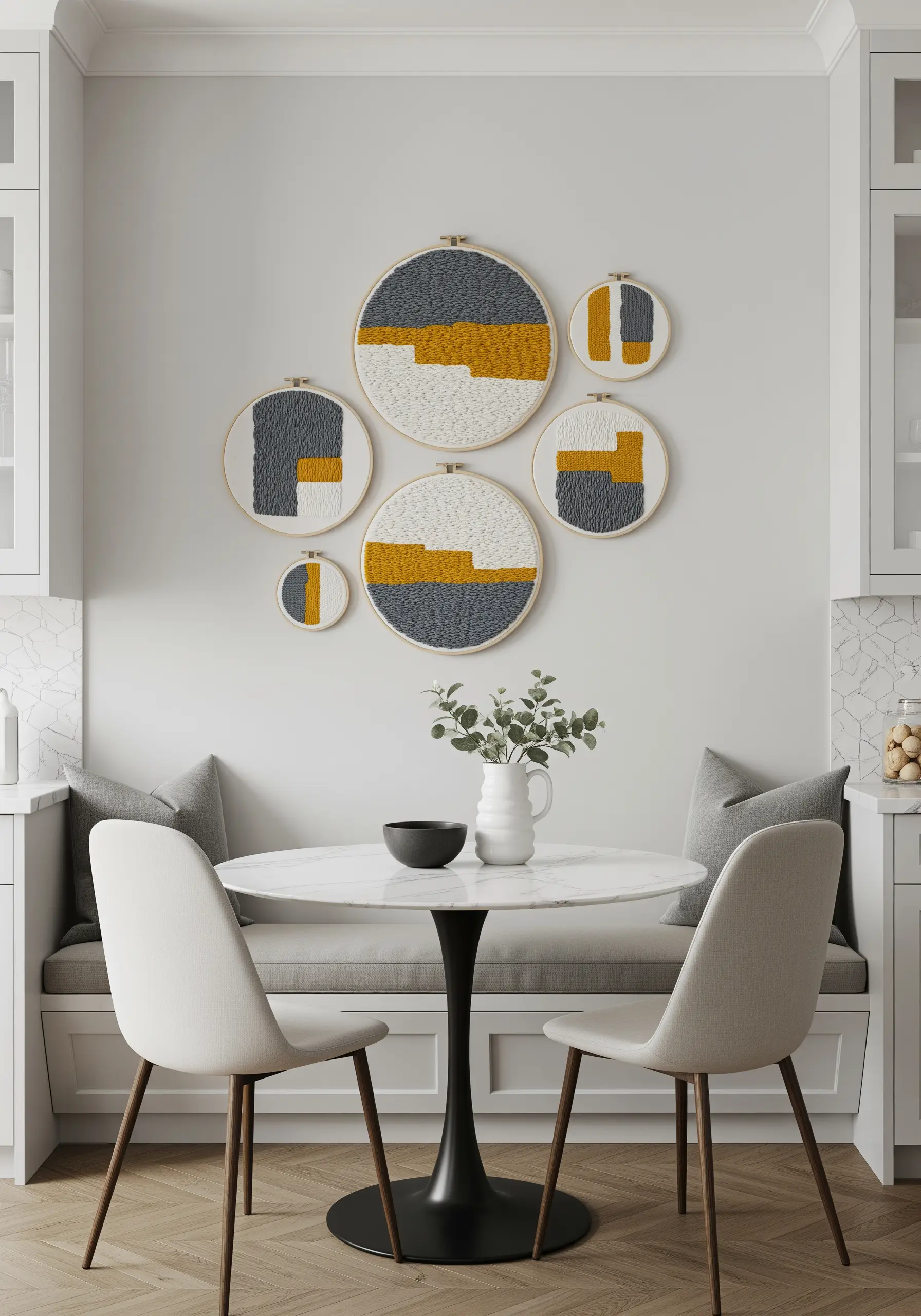 A collection of embroidery hoops with abstract color-blocked designs in mustard, grey, and white.