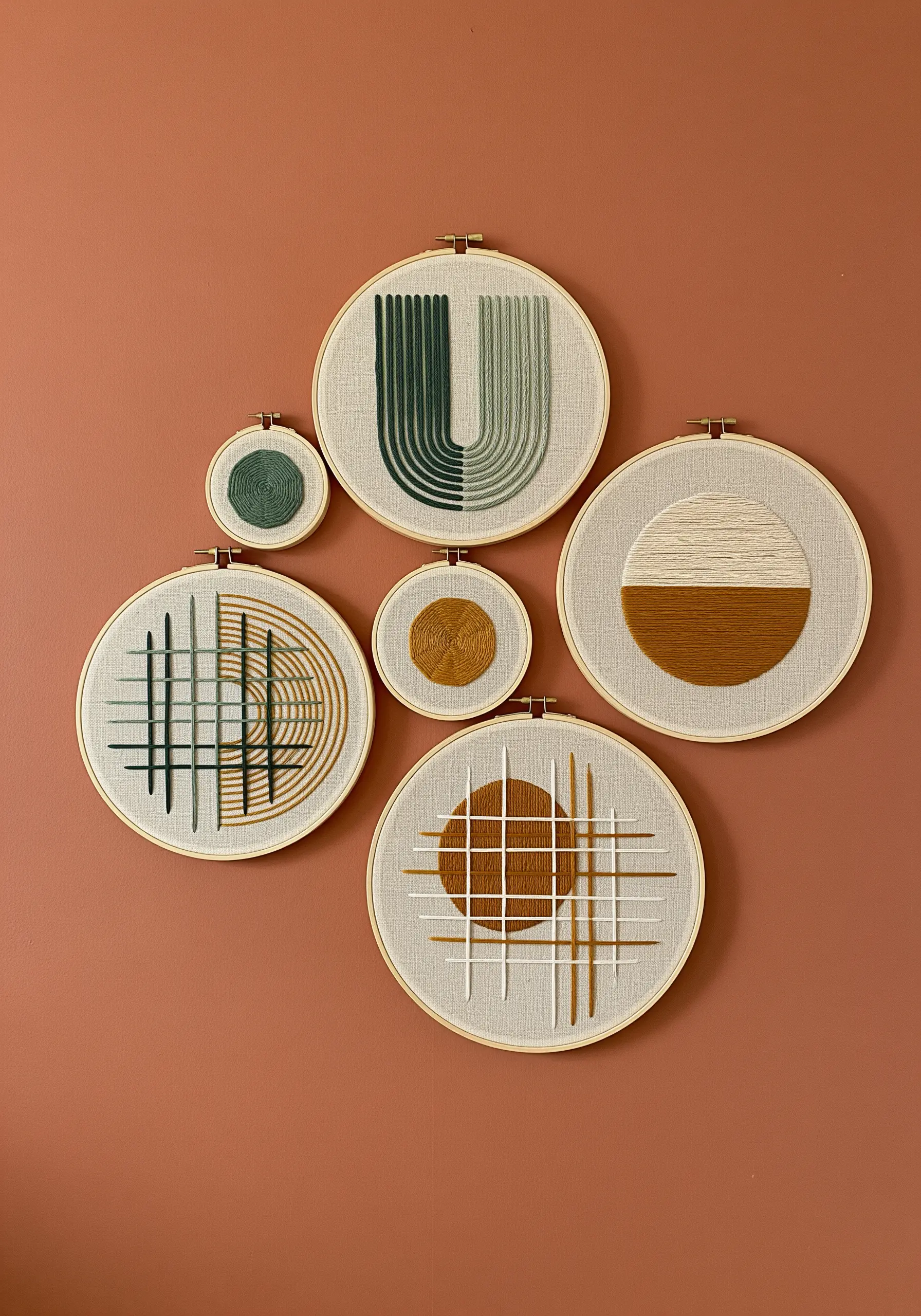 A collection of seven embroidery hoops with abstract geometric designs in earth tones.