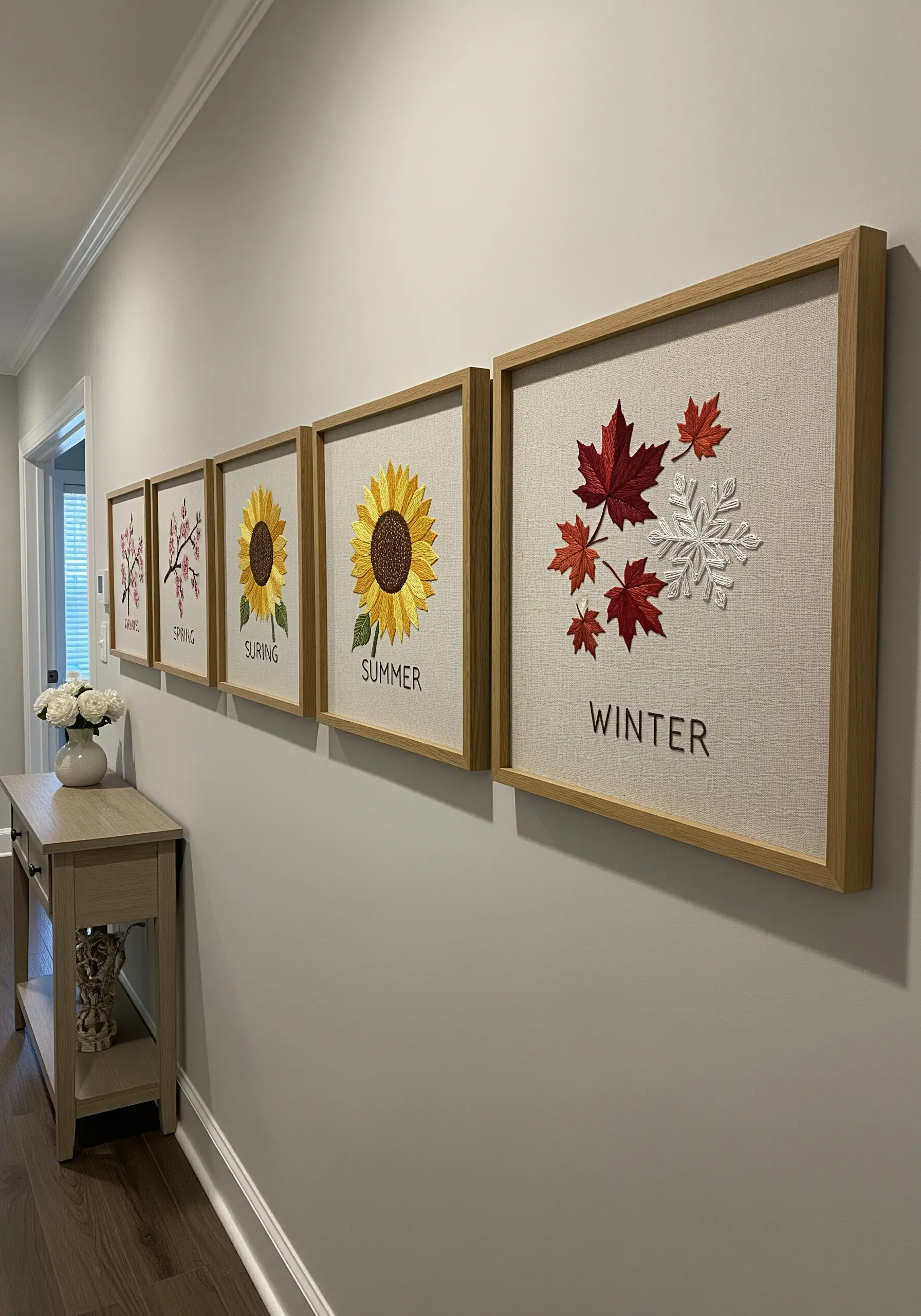 A series of four framed embroidery pieces, each representing one of the four seasons.