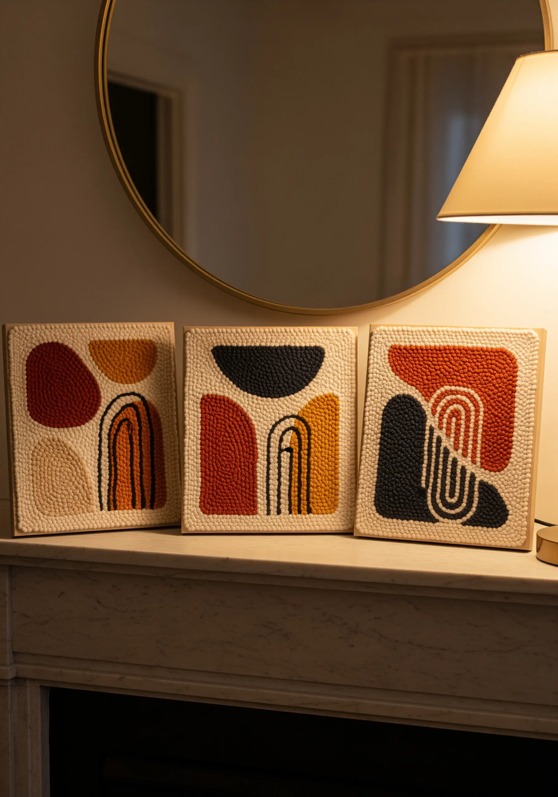 A triptych of abstract punch needle art in earthy tones on a mantelpiece.