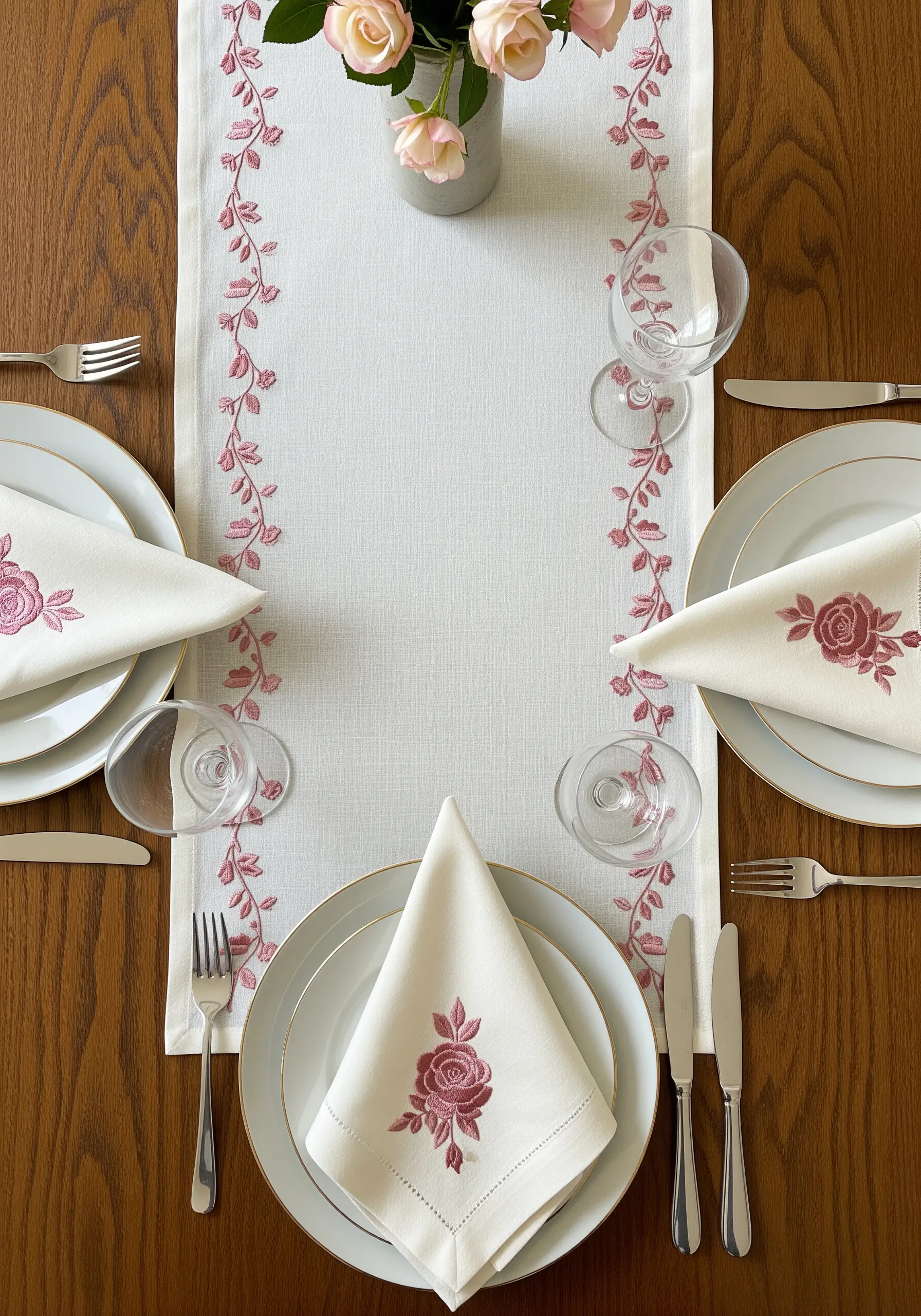 Embroidered table setting with dusty rose floral motifs on a runner and napkins.