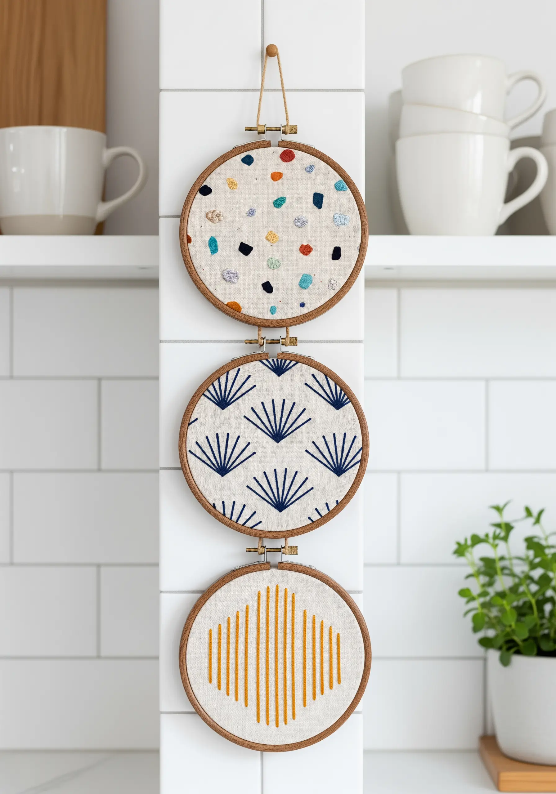 Three vertically stacked embroidery hoops with coordinating abstract patterns.