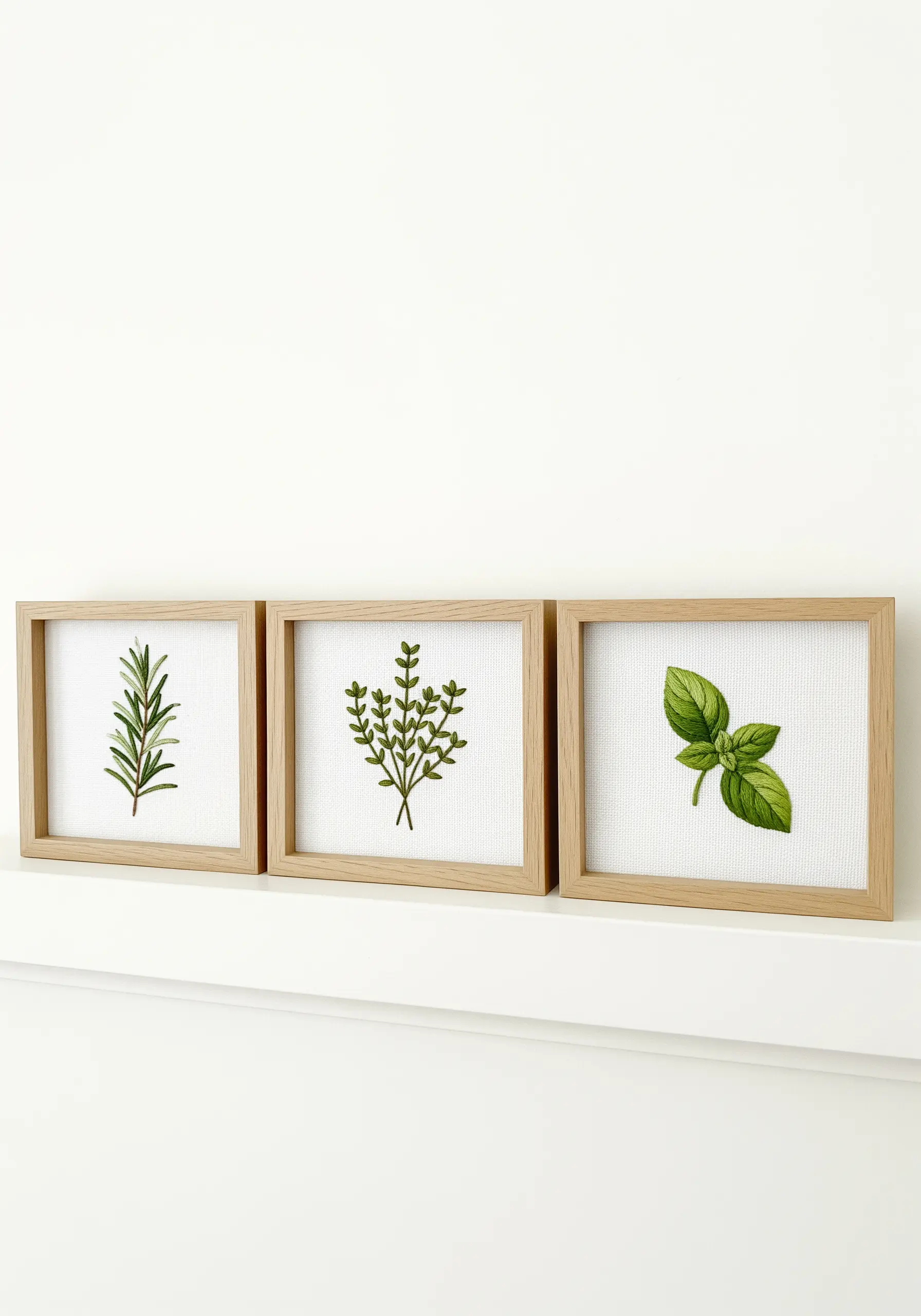 A triptych of three matching framed embroideries, each featuring a different culinary herb.