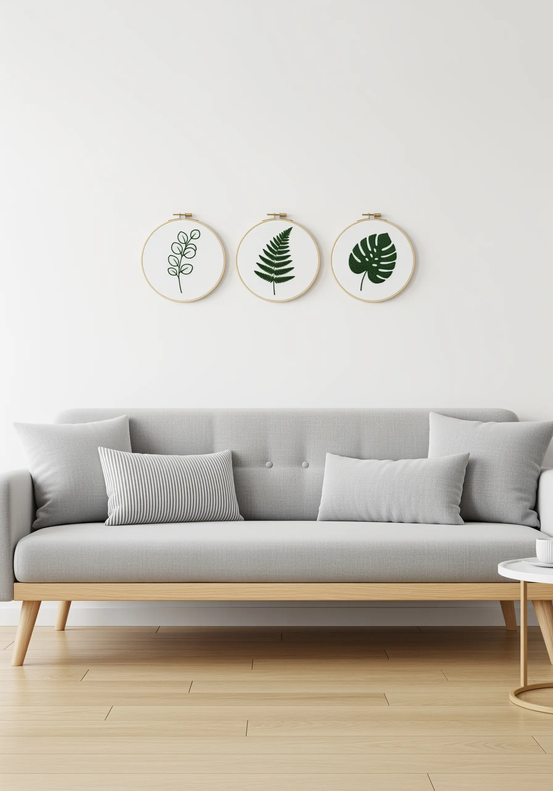 A set of three embroidery hoops with simple green leaf motifs hanging above a gray sofa.