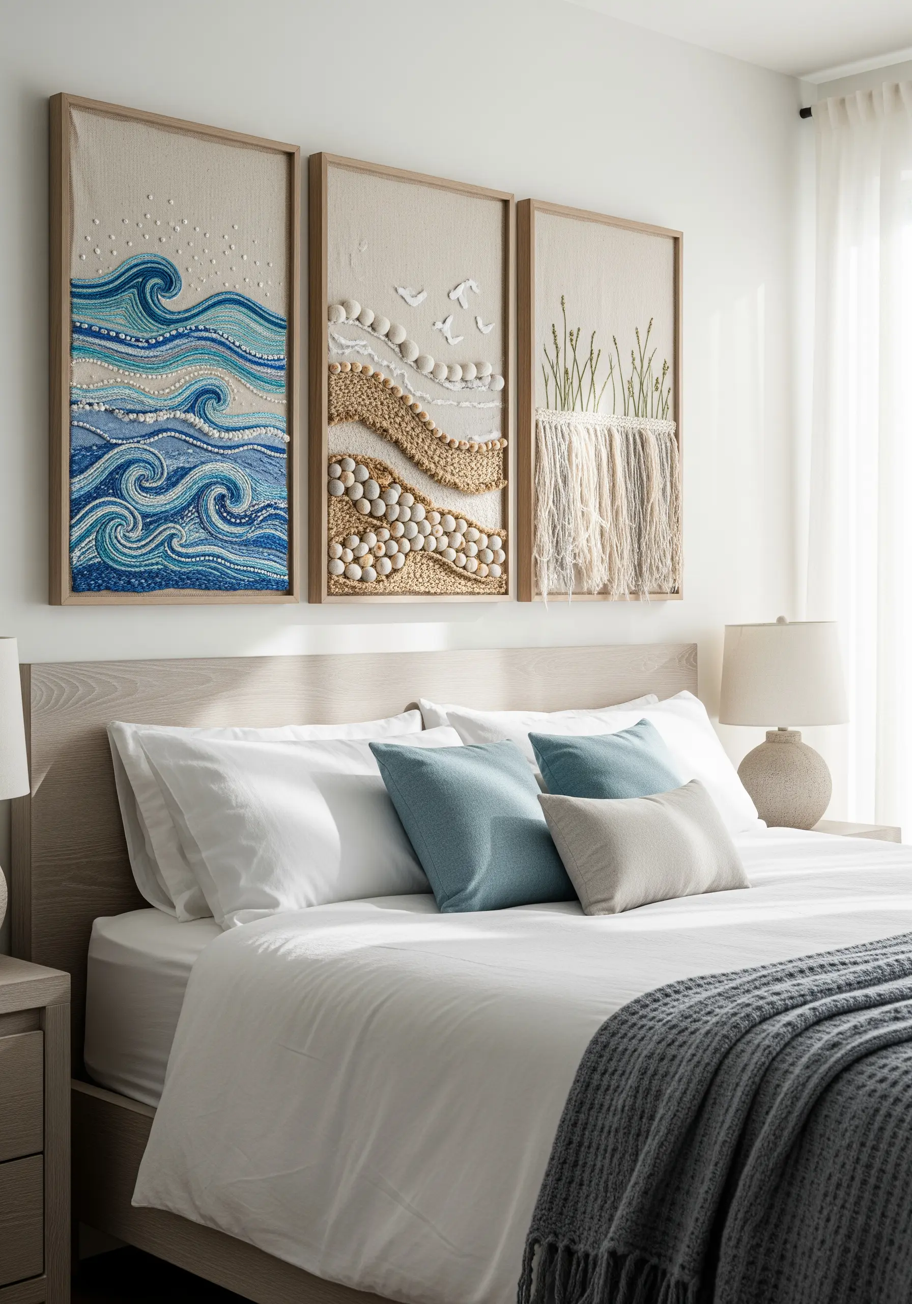 Three-panel wall art depicting a coastal scene with beads, yarn, and embroidery.