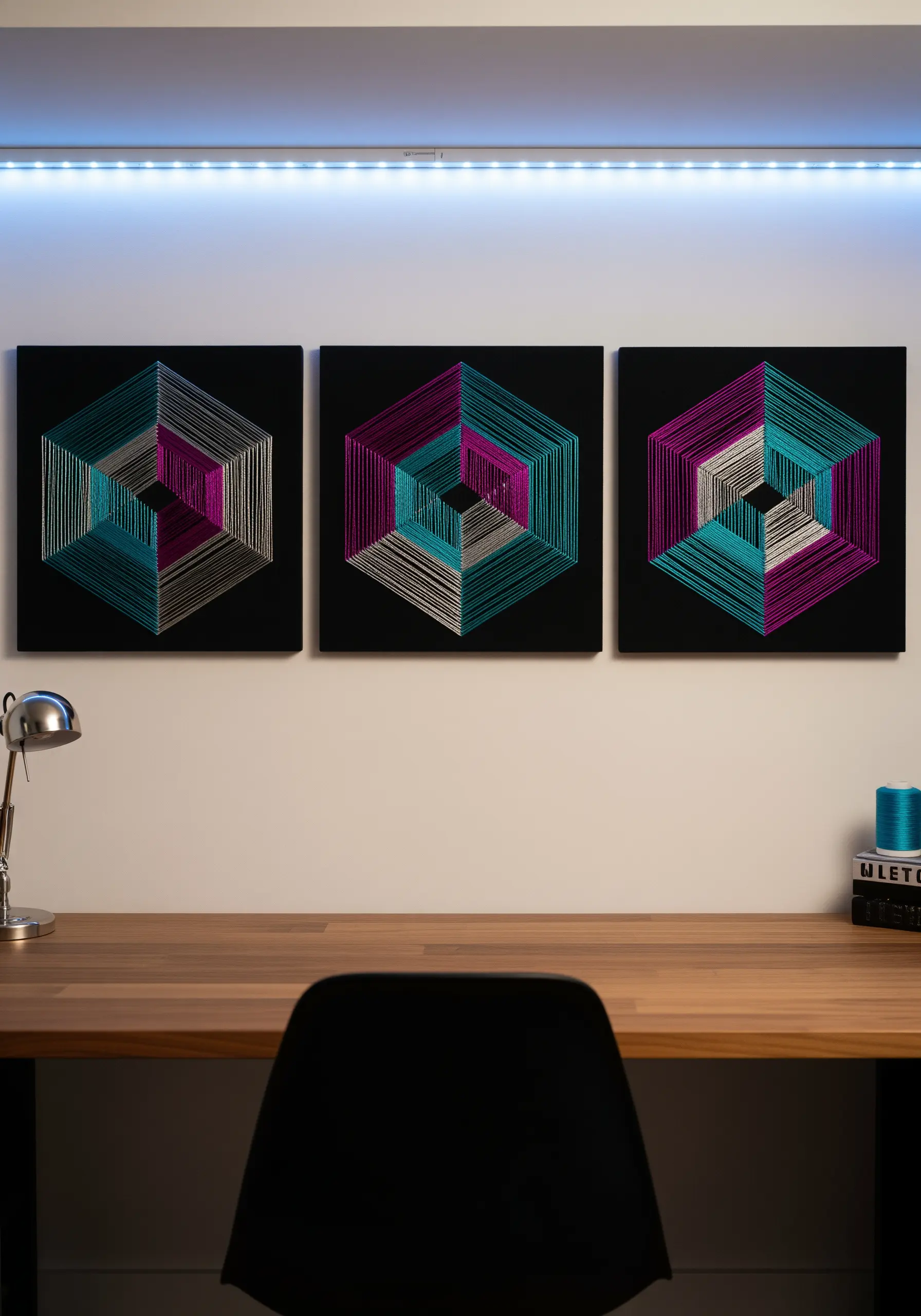 A triptych of square black canvases with geometric string art in teal, magenta, and white.