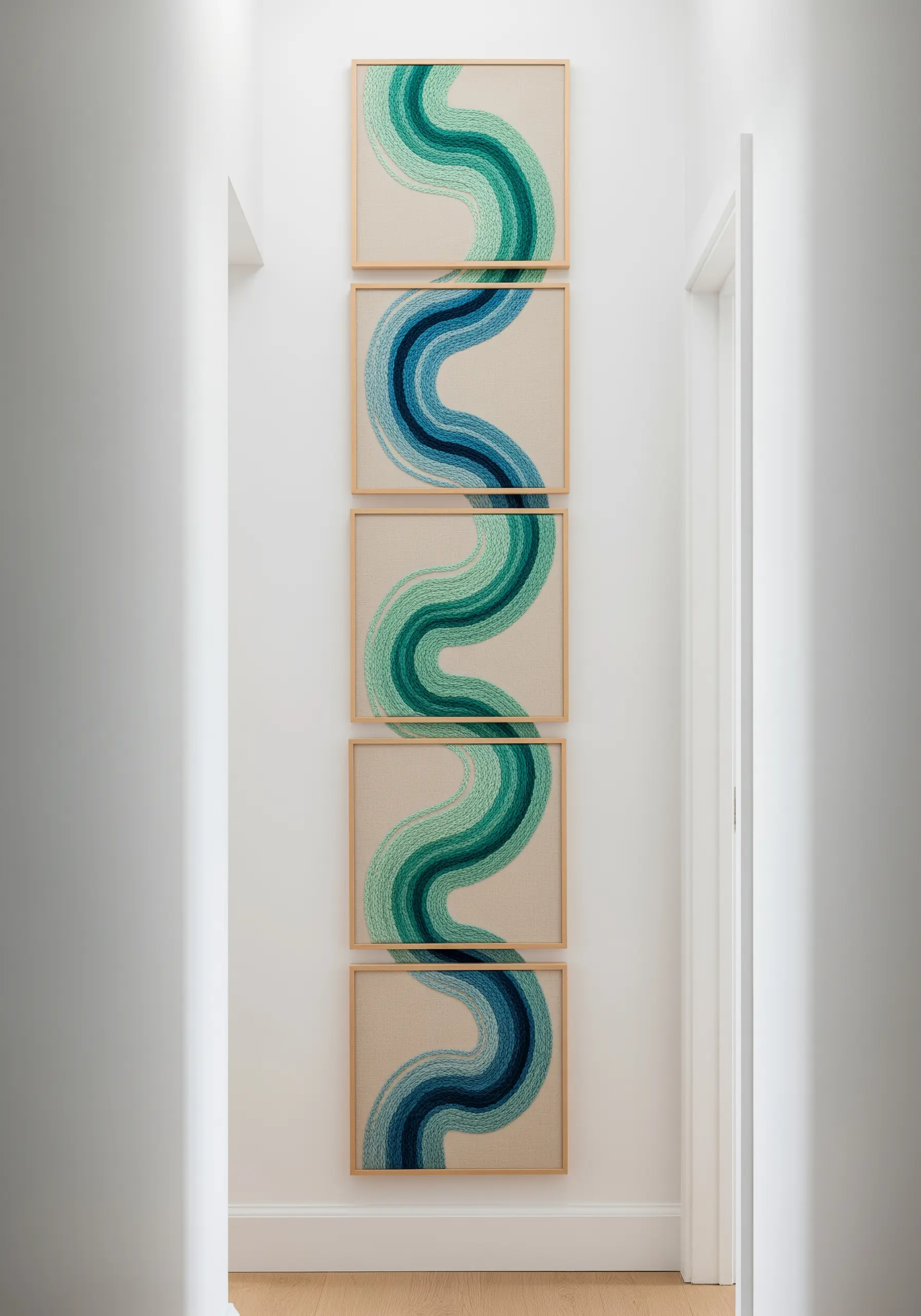 Five stacked frames creating a continuous, flowing river-like pattern in shades of blue and green