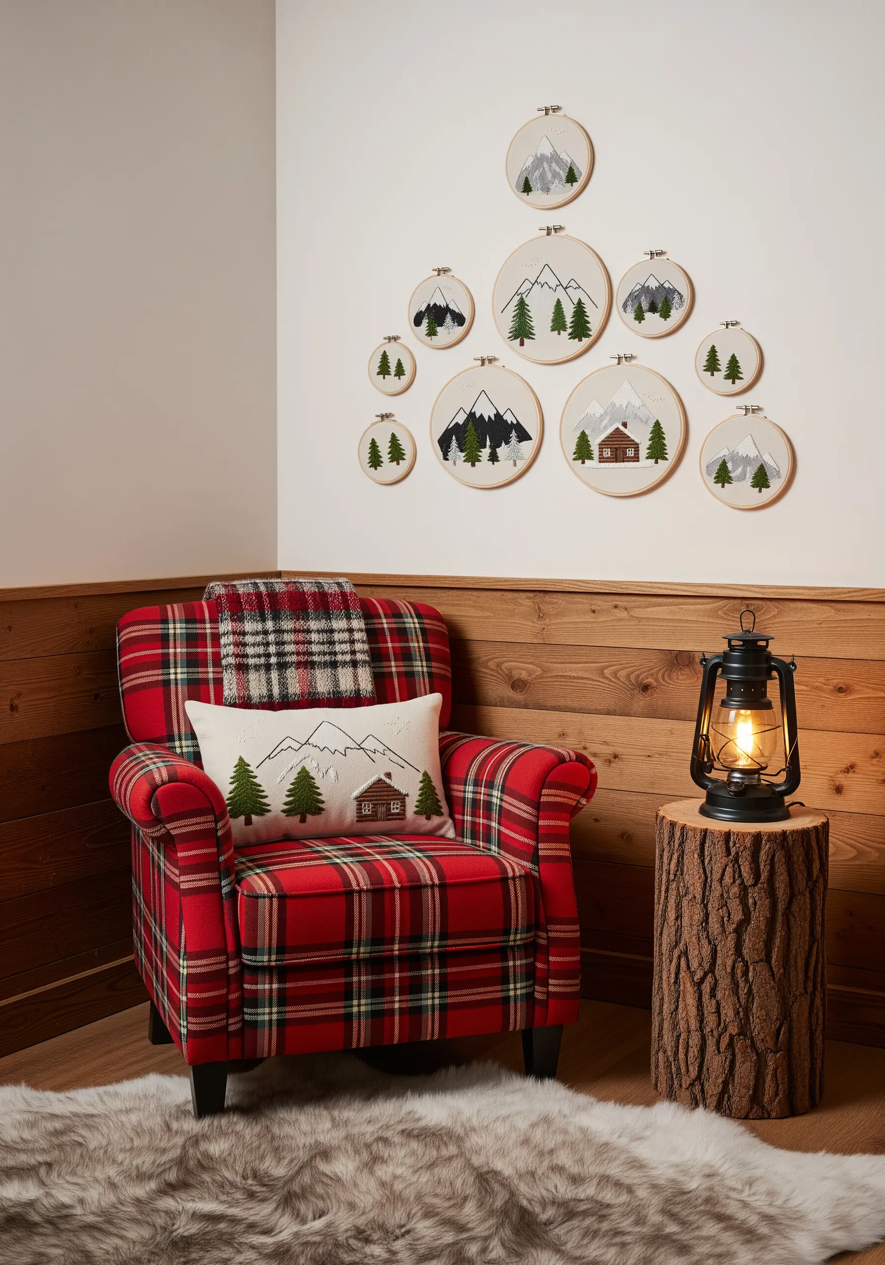 A collection of embroidery hoops arranged in a mountain shape, depicting a rustic cabin scene.