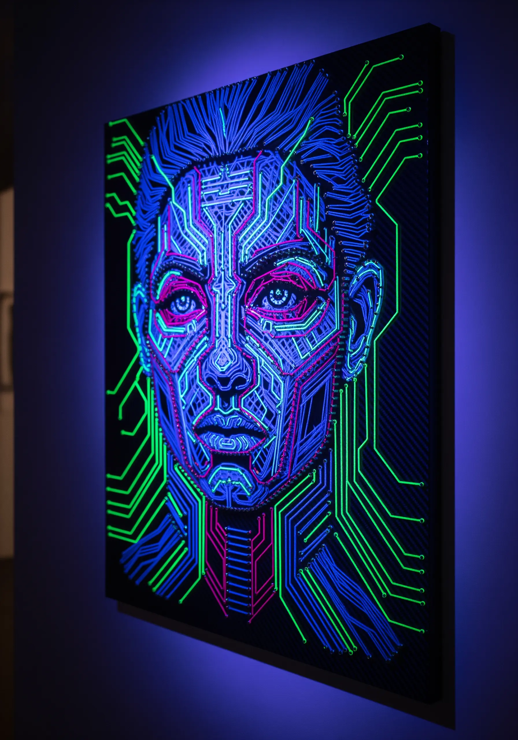 A futuristic string art portrait with glowing neon lines resembling a circuit board on a dark background.