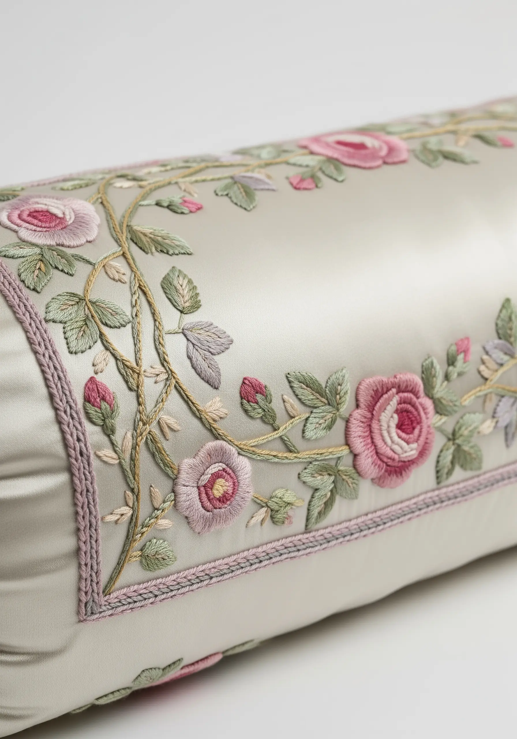 Delicate trailing vine of roses embroidered on a pale green silk bolster pillow