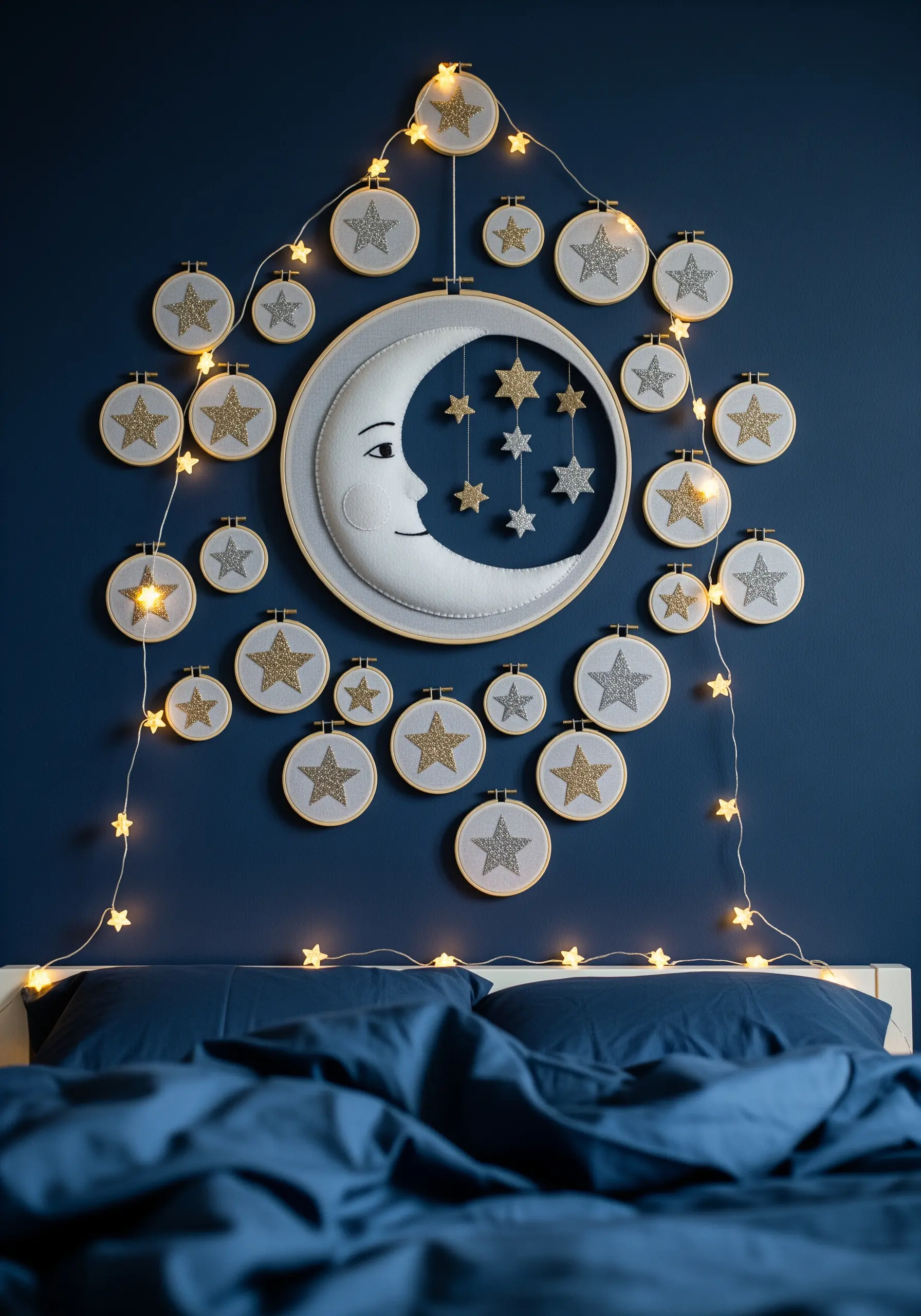 A celestial wall display featuring a large moon hoop surrounded by smaller star hoops and fairy lights.