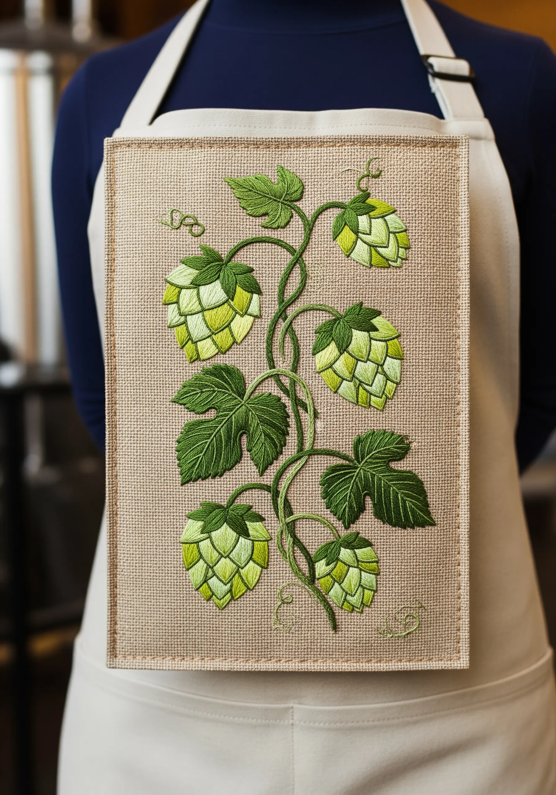 An apron with a large, detailed embroidery of a climbing hops vine with leaves and cones.