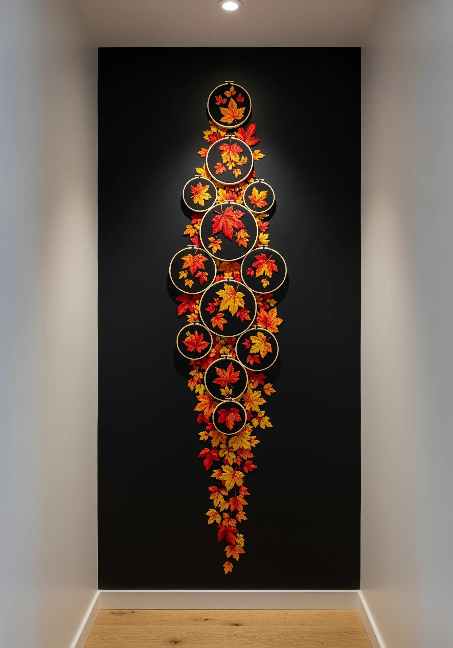 A vertical installation of embroidered autumn leaves cascading out of hoops down a black wall.