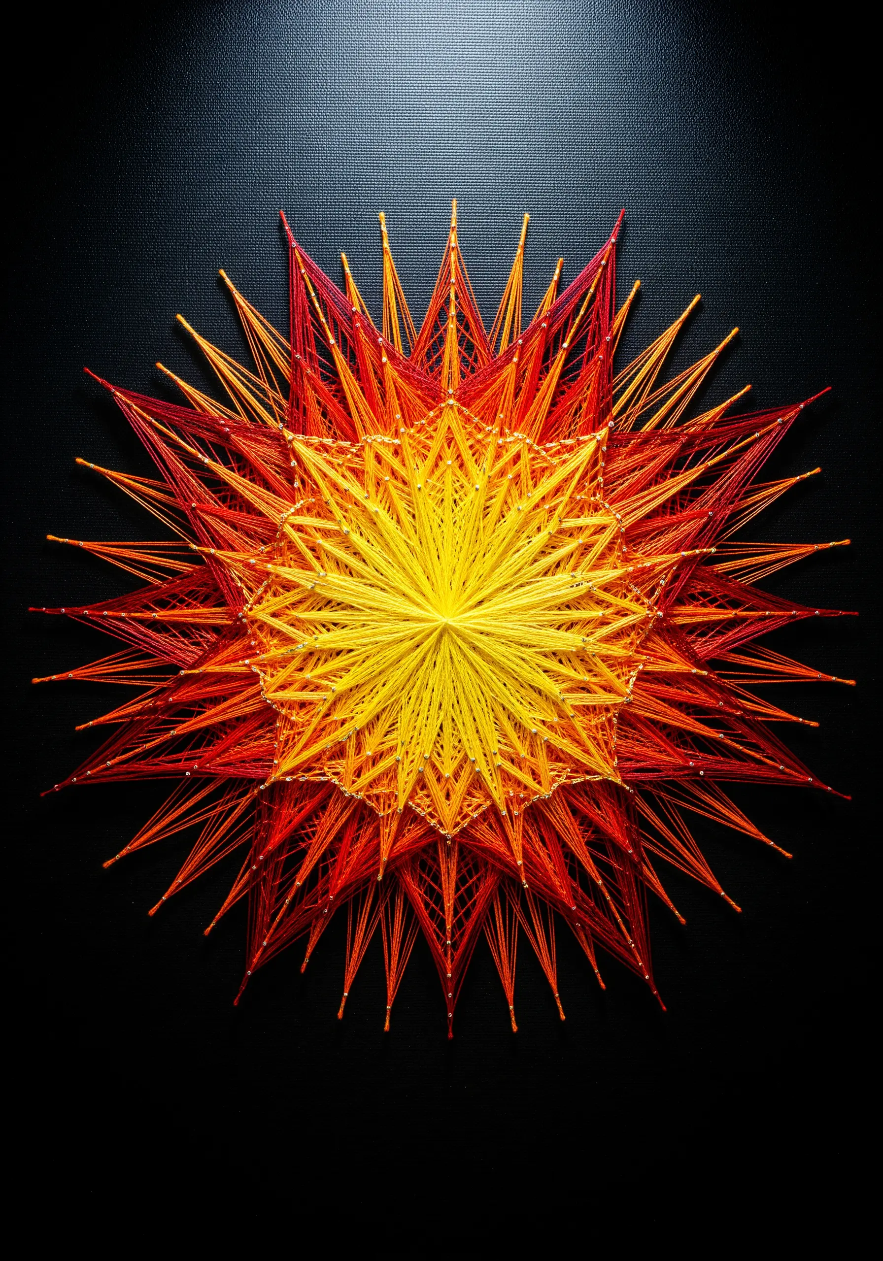 A starburst string art mandala with a fiery gradient from yellow to red on black fabric.