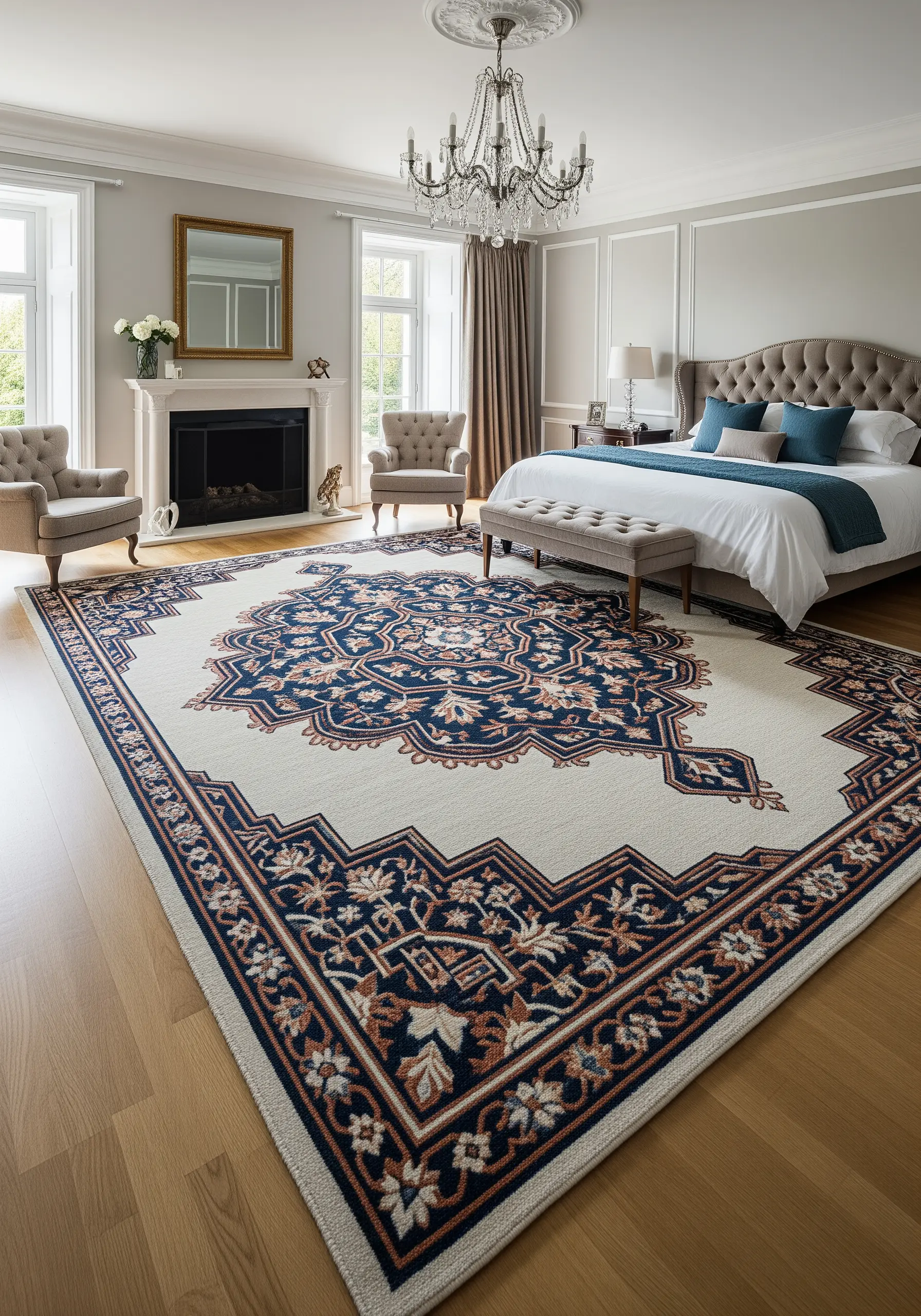 A large, ornate area rug with an embroidered-style navy, cream, and rust pattern.