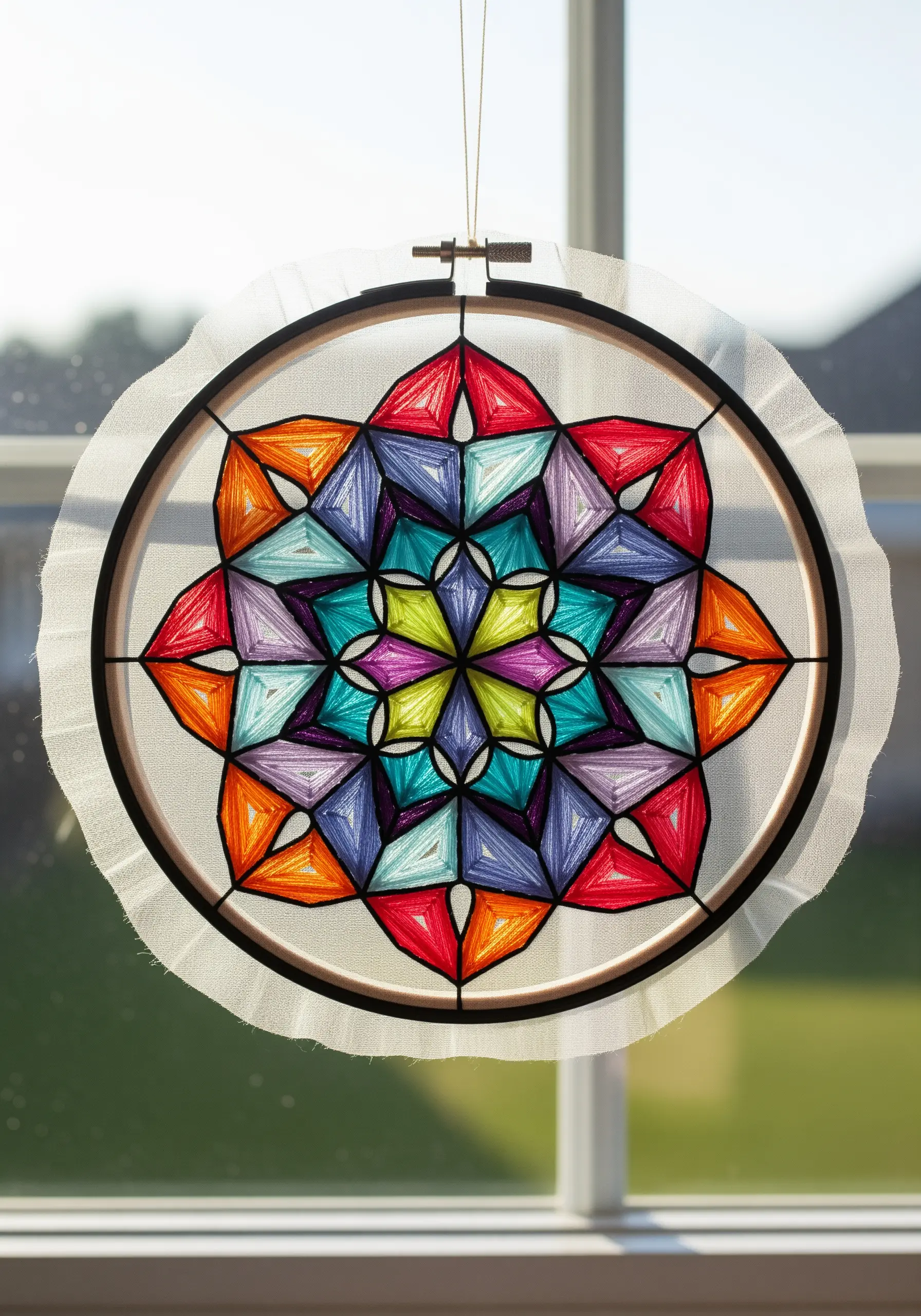 Geometric mandala embroidery on sheer fabric, creating a stained-glass effect in a window.
