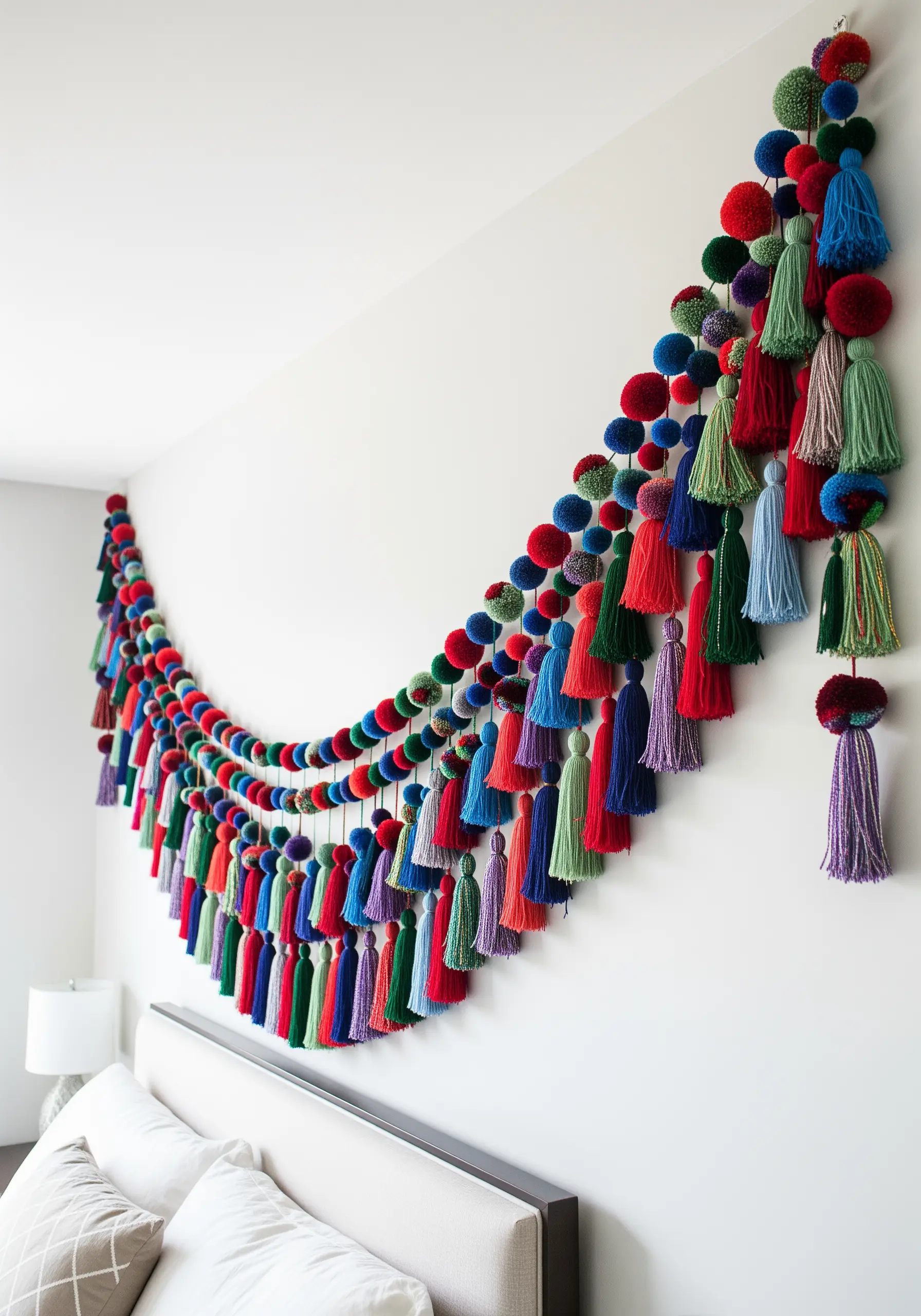 A large, colorful garland made of pom-poms and tassels draping over a headboard.