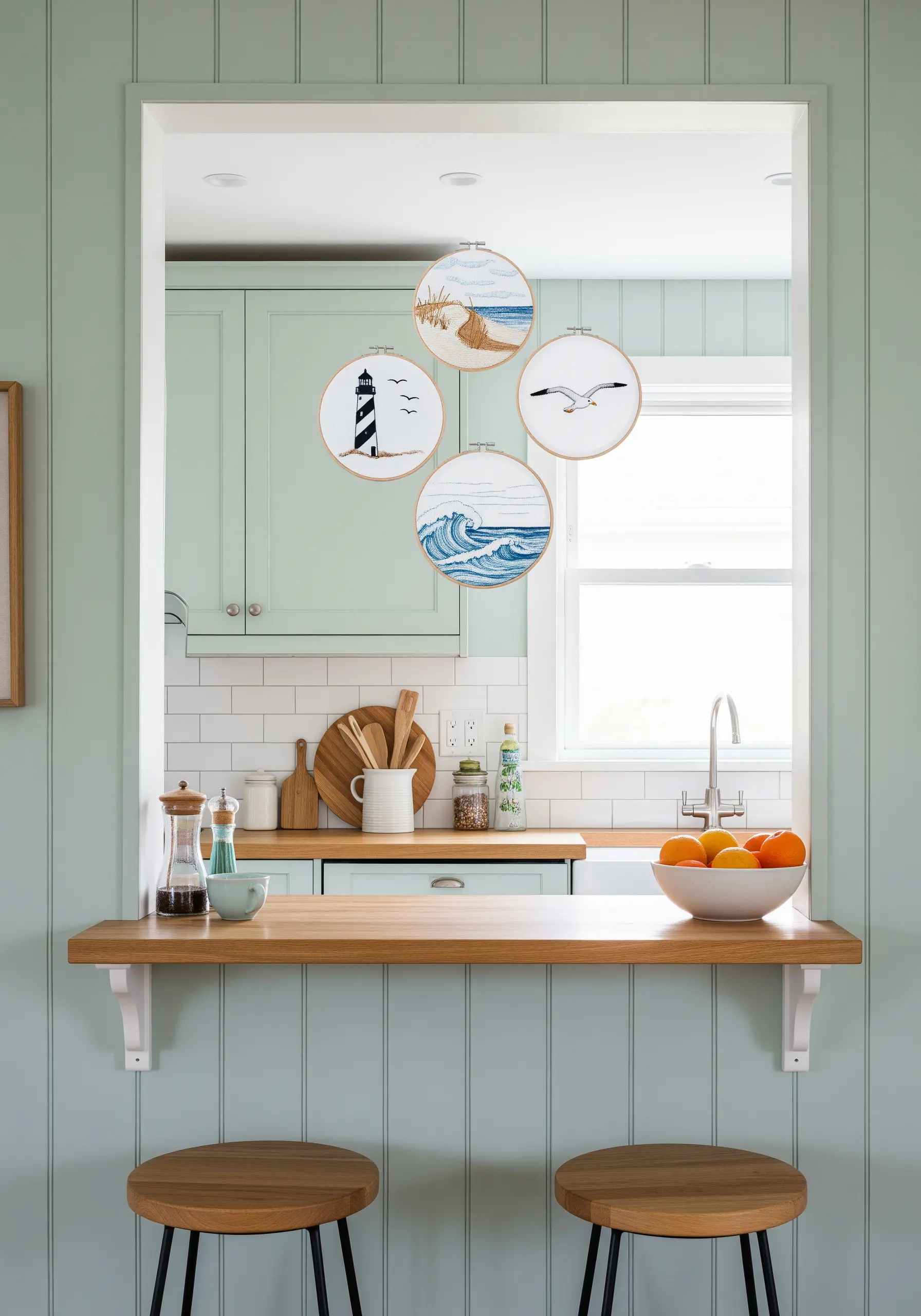 Four coastal-themed embroidery hoops hanging like a mobile in a kitchen window.