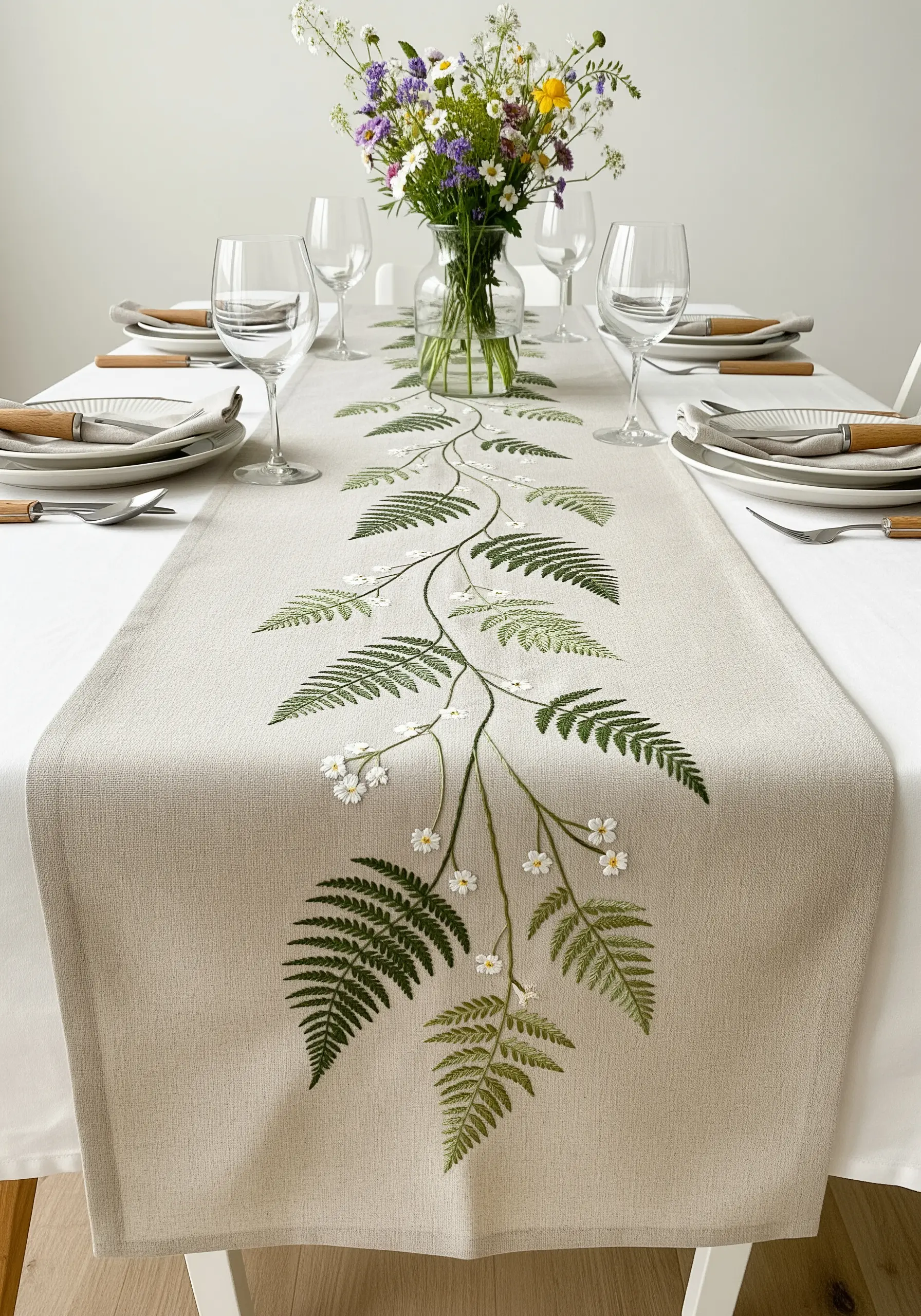 A natural linen table runner embroidered with a long, flowing green fern and tiny white flowers.