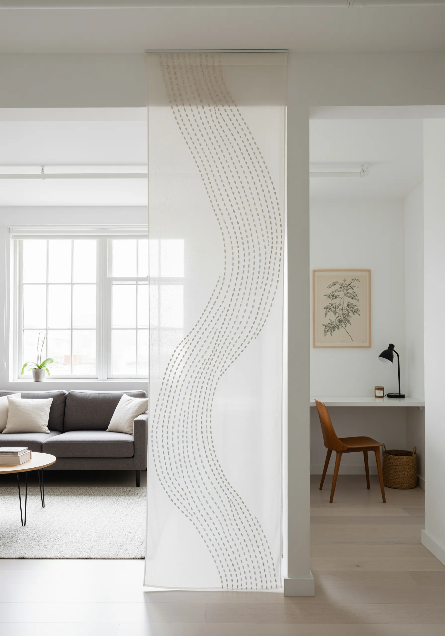 A sheer fabric room divider with a flowing wave pattern made of small, repeated stitches.