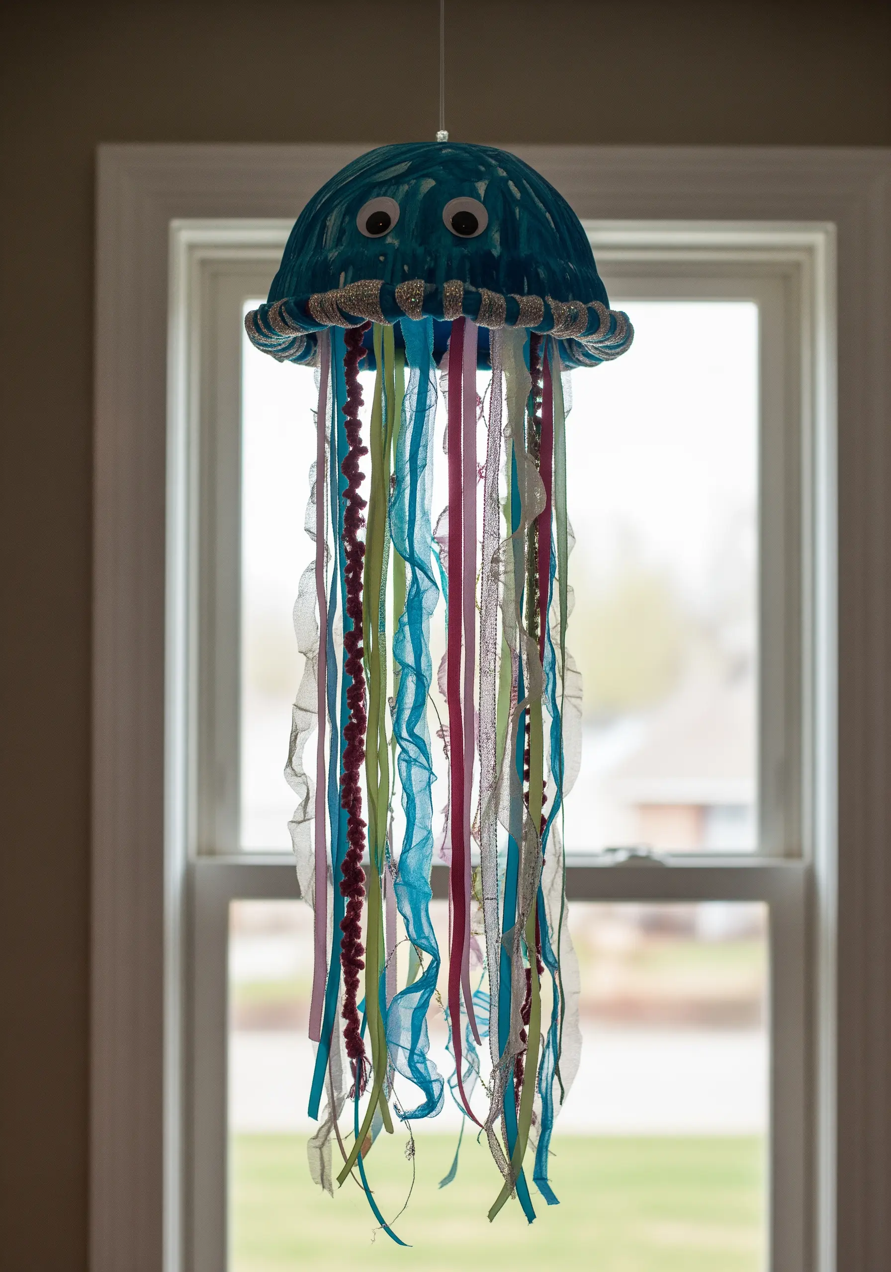A hanging jellyfish craft made from a painted bowl and a variety of colorful ribbons.