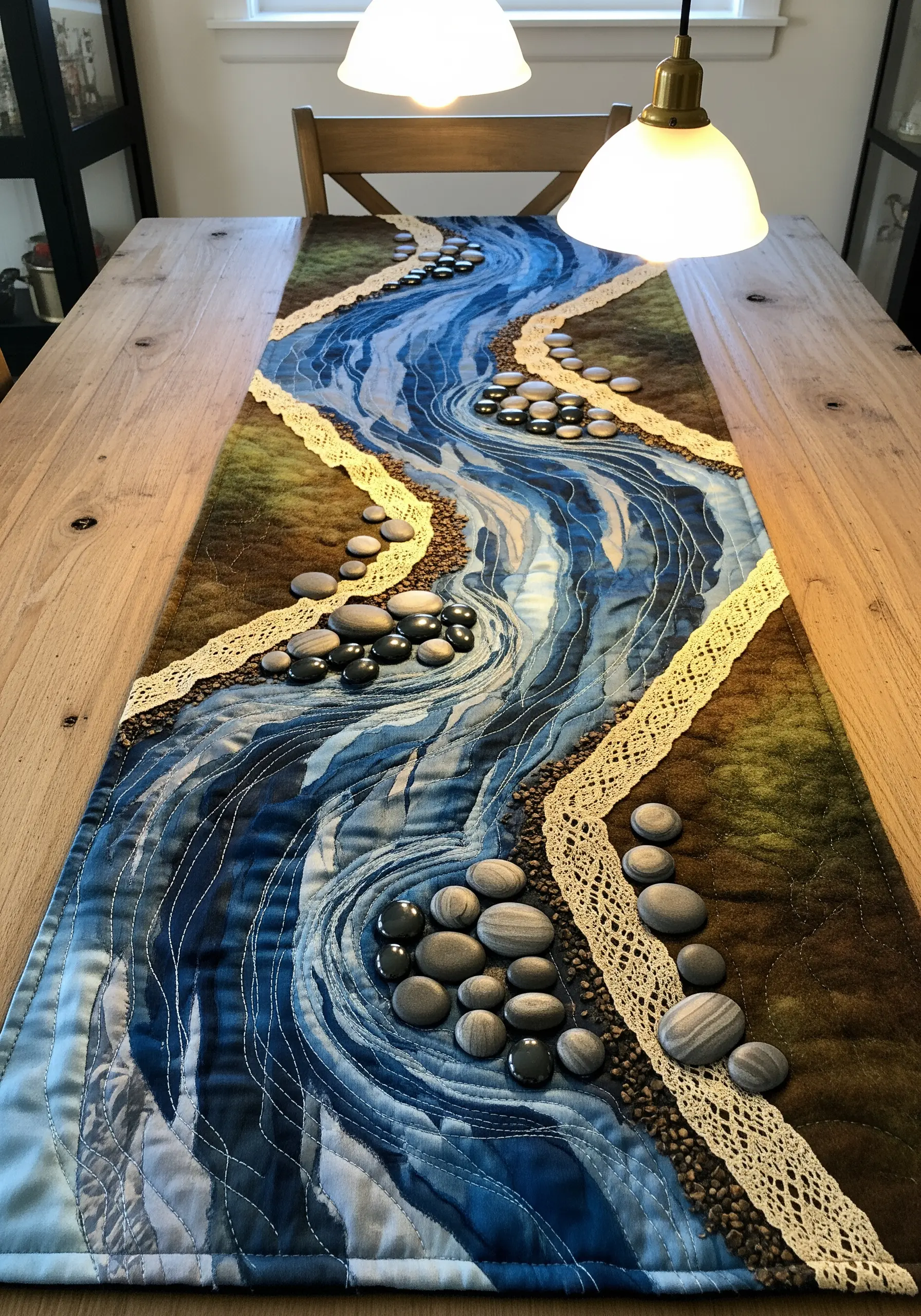 A quilted table runner depicting a river, using fabric collage, lace borders, and glass beads for rocks.