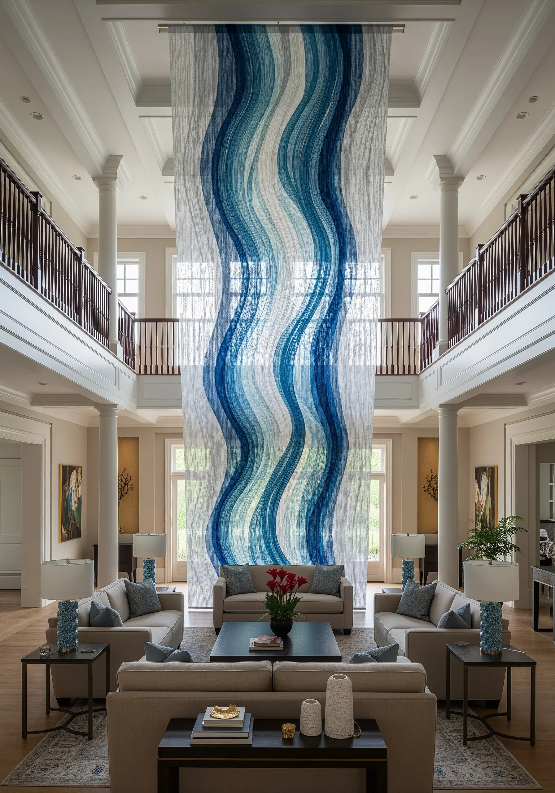 A massive, sheer embroidered panel with vertical blue and white waves hanging in a grand hall.