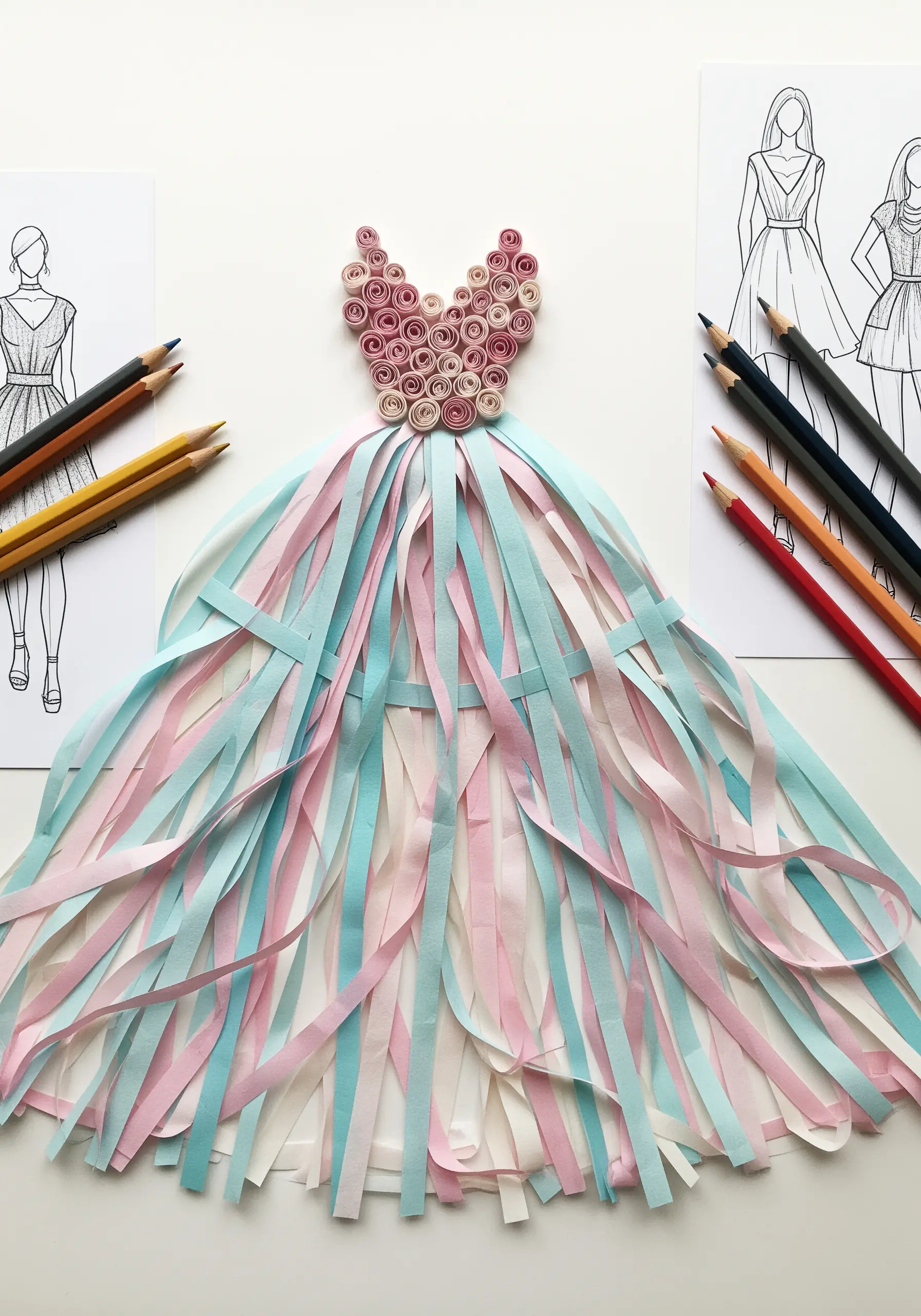 A fashion illustration with a paper-quilled bodice and a long, flowing skirt of paper strips.
