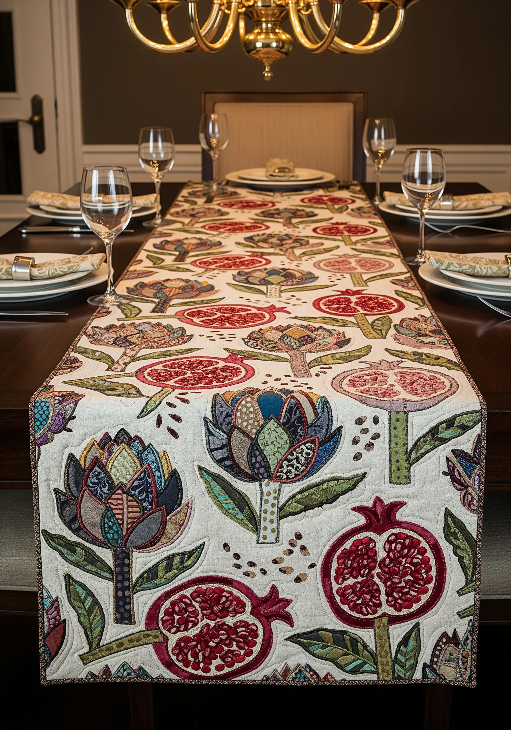 A long table runner decorated with intricate folk art style appliqué of pomegranates and flowers