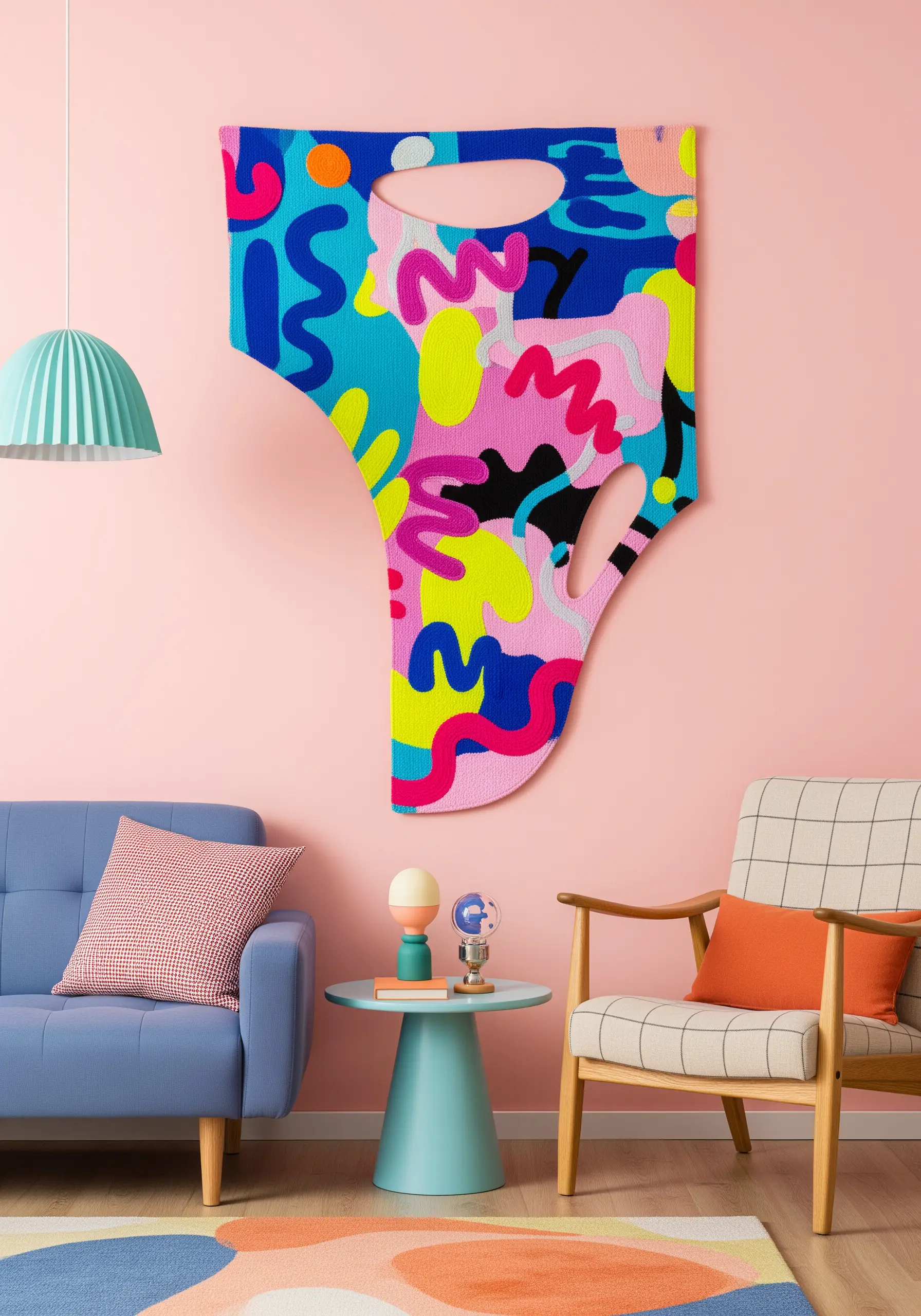 An irregularly shaped tapestry with vibrant, abstract Memphis-style patterns and colors.