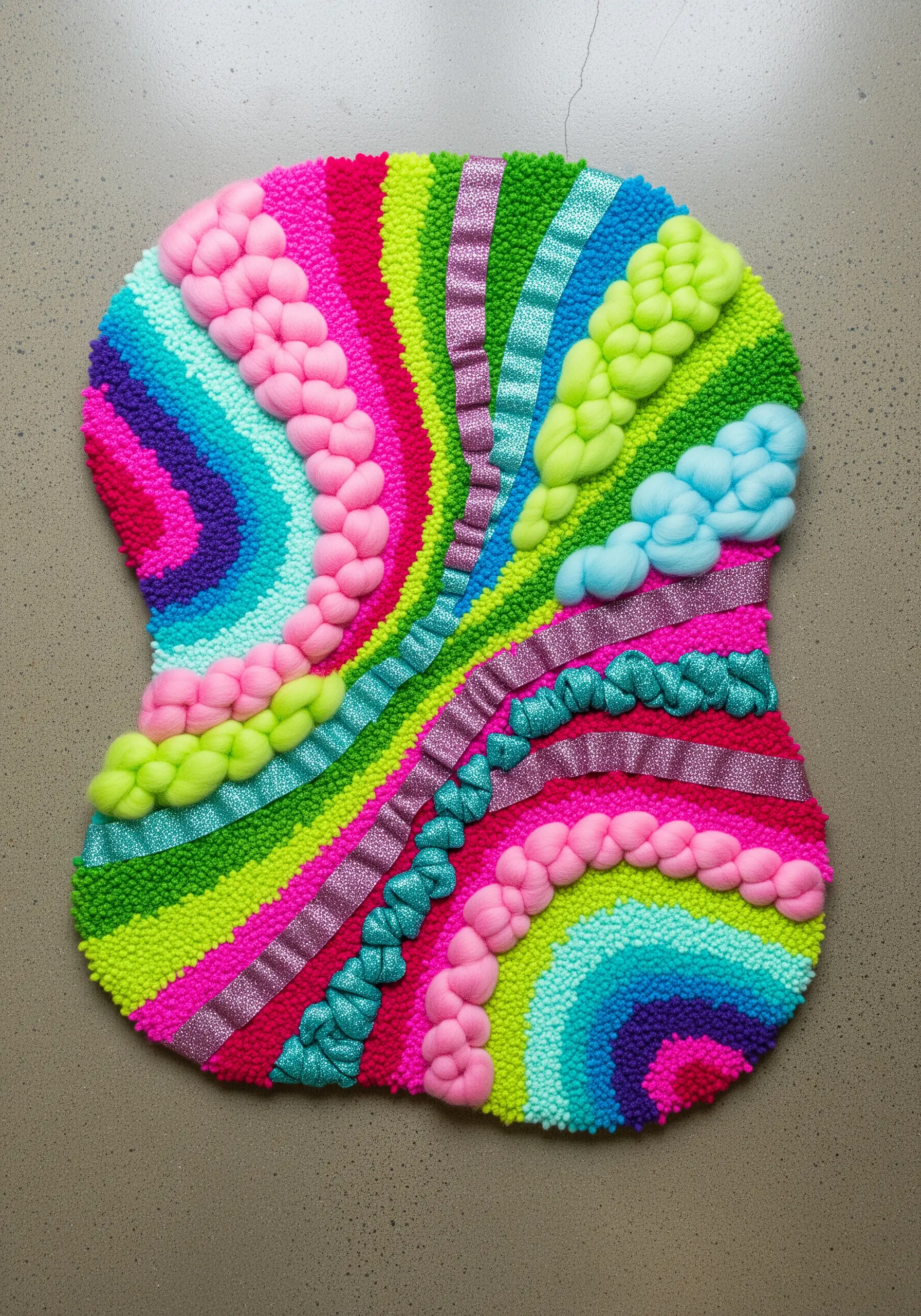 A freeform punch needle rug with vibrant rainbow waves and textured braided sections.