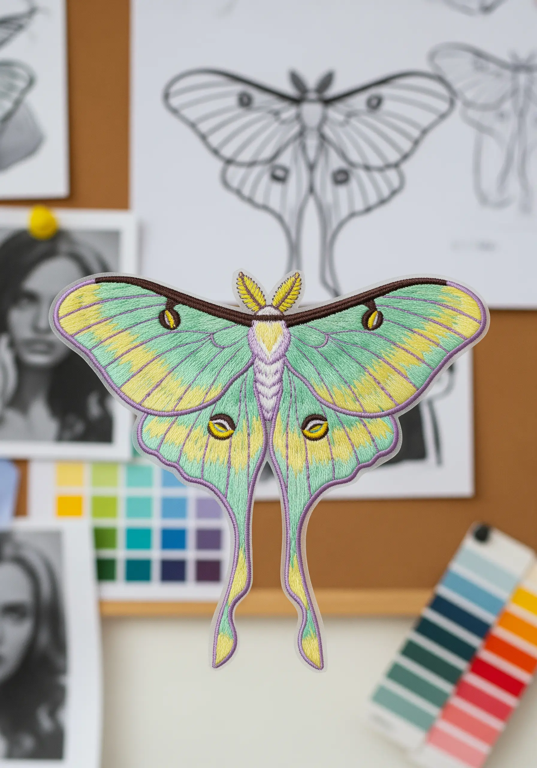 A freestanding embroidered patch of a pastel green and yellow Luna moth