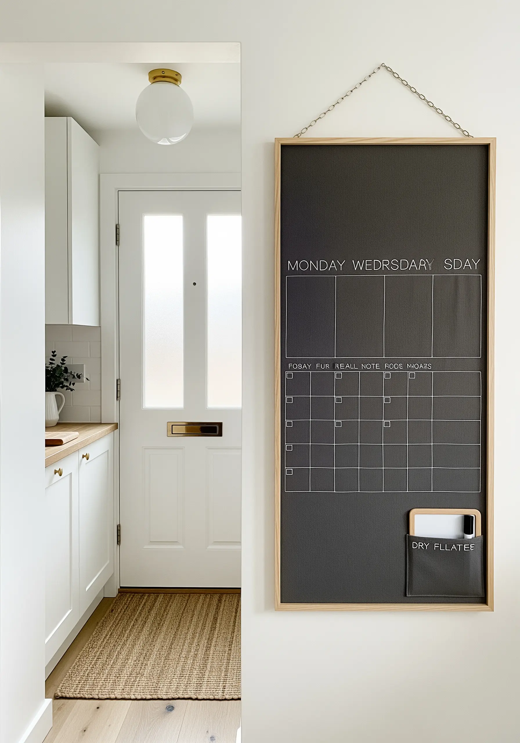 A large, framed black fabric wall calendar with white embroidered grid lines and lettering.