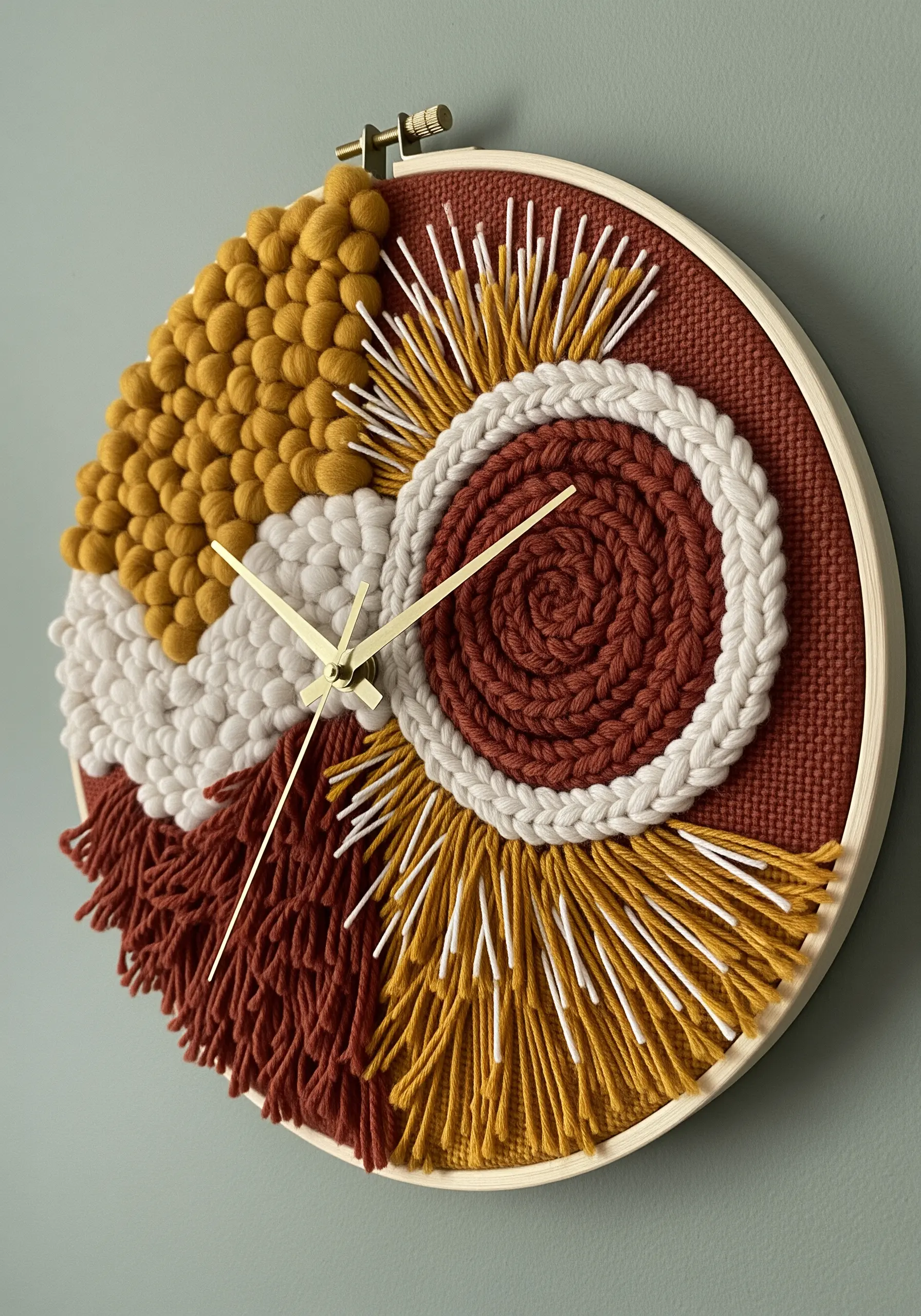 A round fiber art clock made with yellow, white, and terracotta woven textures.