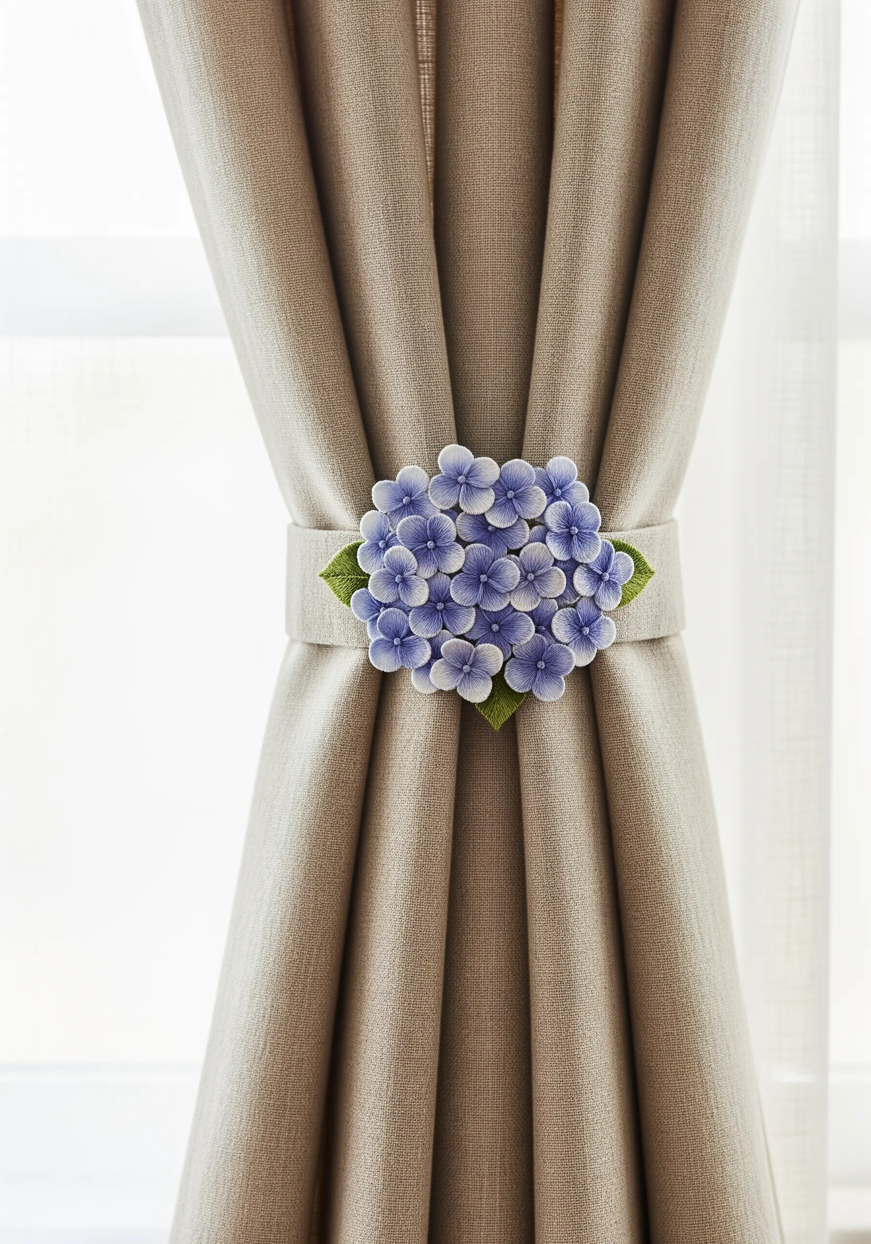 A linen curtain held by a tie-back featuring a densely embroidered blue hydrangea.