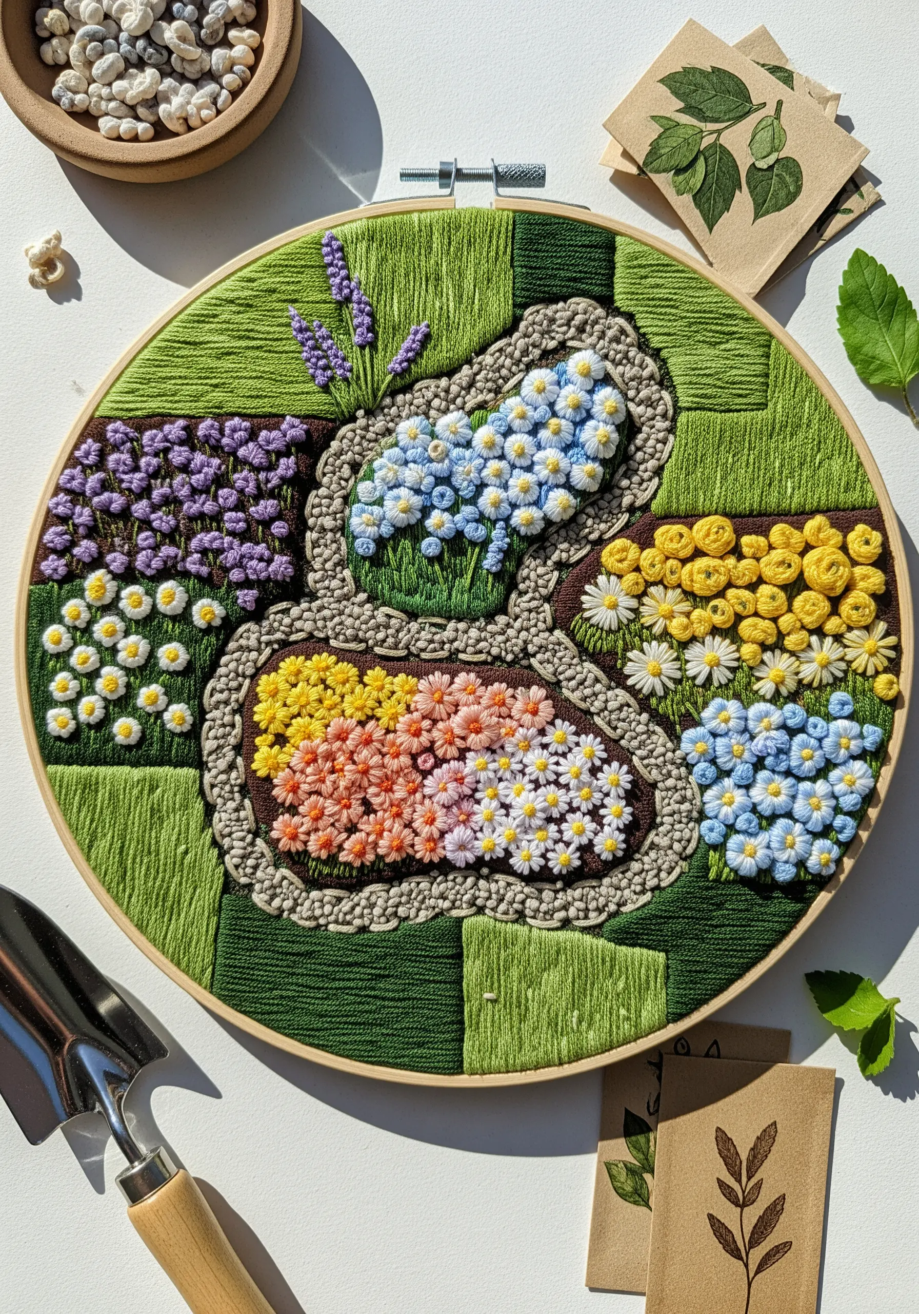 An embroidered garden with sections filled with different textural stitches like French knots.