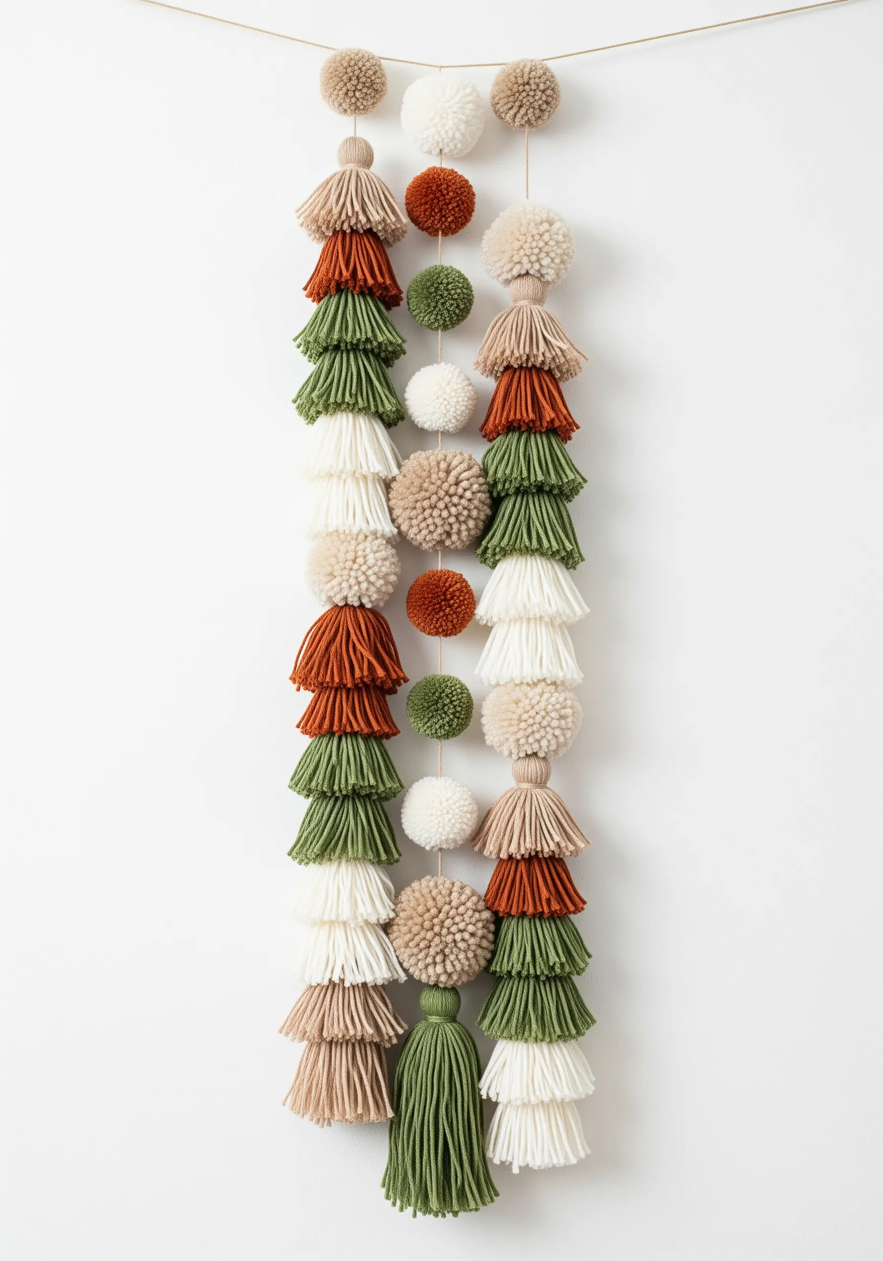 Yarn garland with alternating pom-poms and stacked tassels in earthy greens, rust, and creams.