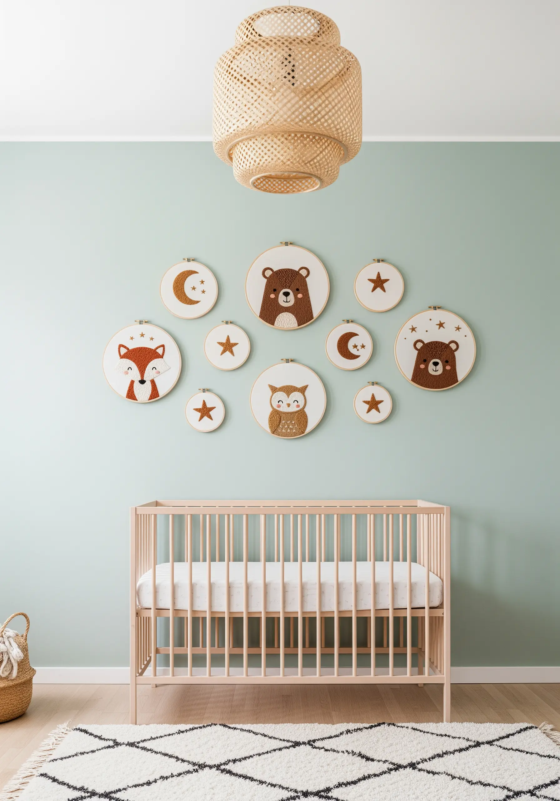 A collection of embroidery hoops with cute woodland animals for a nursery wall.