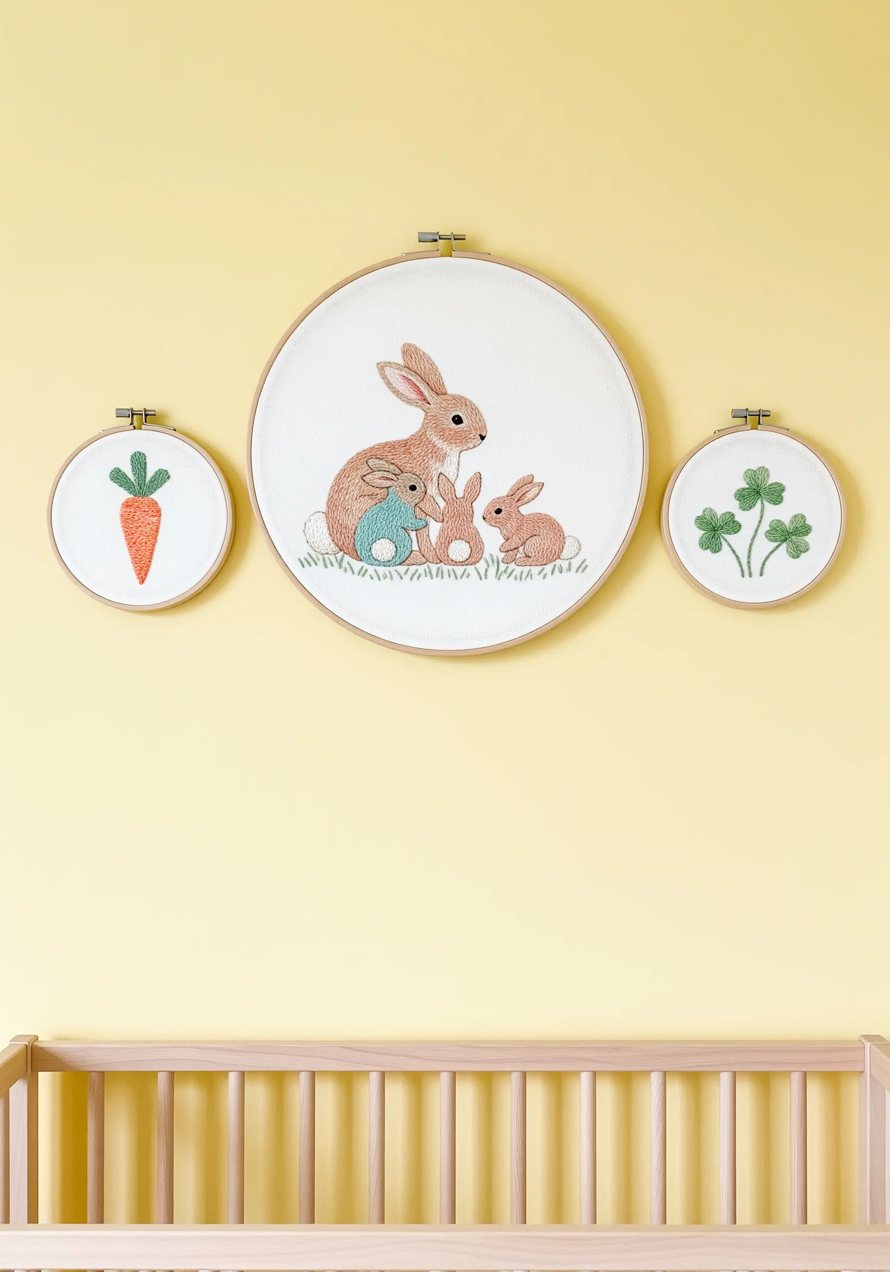 Three embroidery hoops—a large one with a rabbit family and two smaller ones with a carrot and clovers.
